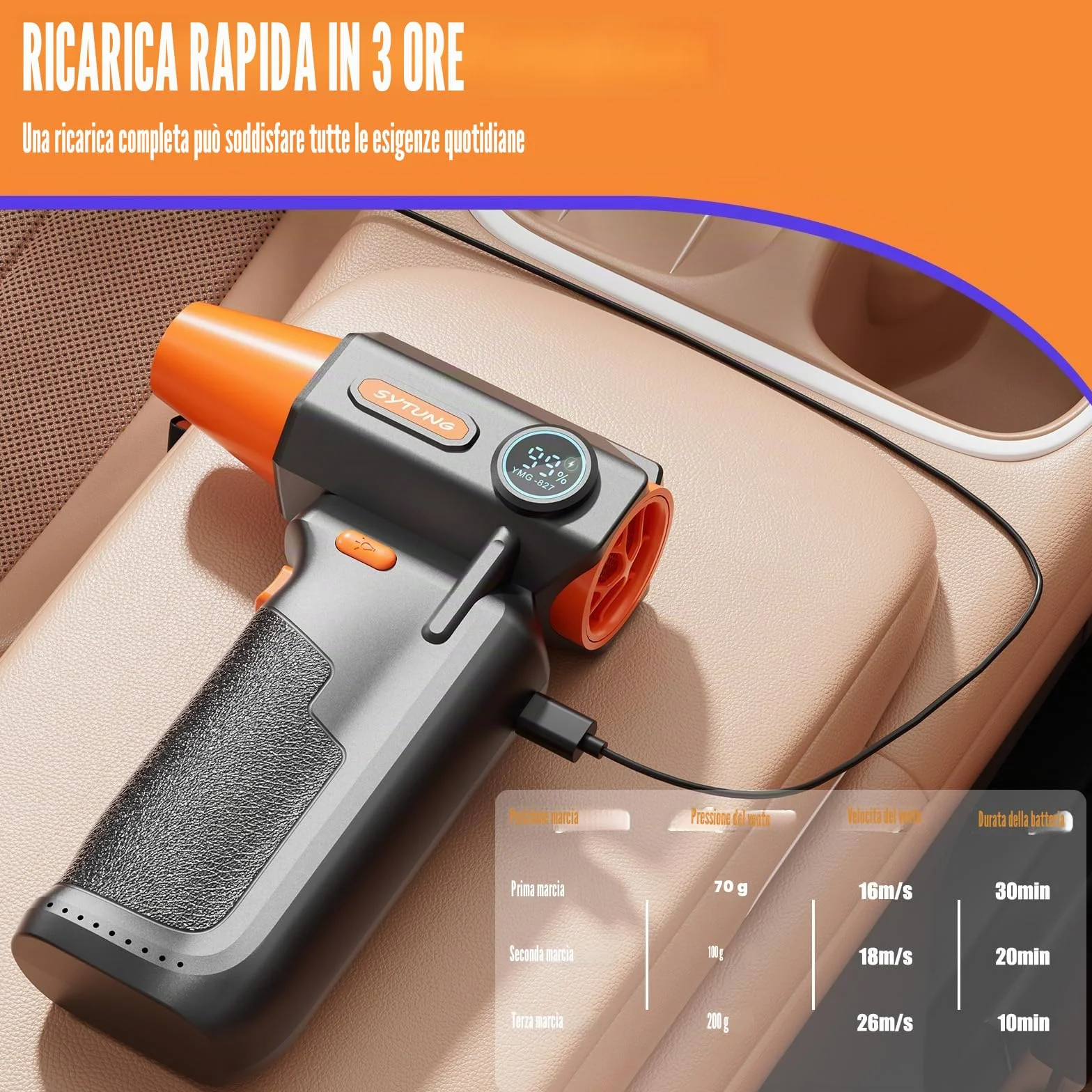 Soffiatore a Batteria - 130000 giri/min - Piumino ad aria compressa a batteria Super Power con getto d'aria e luce LED, ventola regolabile su 3 velocità per PC, tastiera, esterni, casa e auto