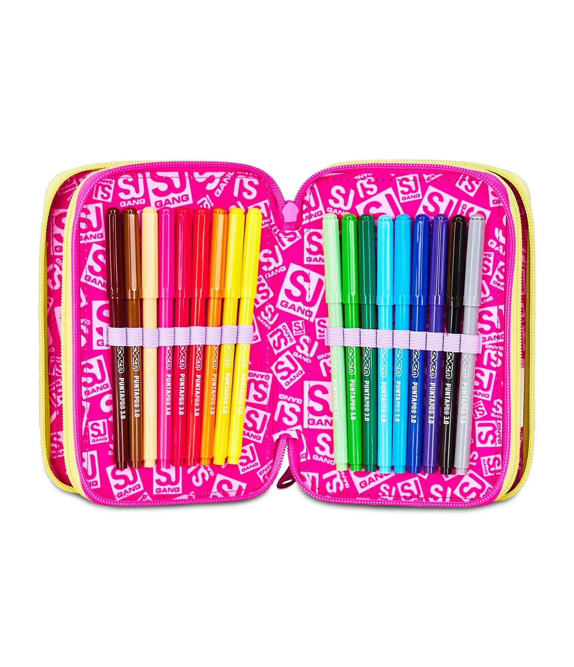 Astuccio Scuola 3 Zip Fucsia Arancio Portapenne Triplo Scomparto Completo