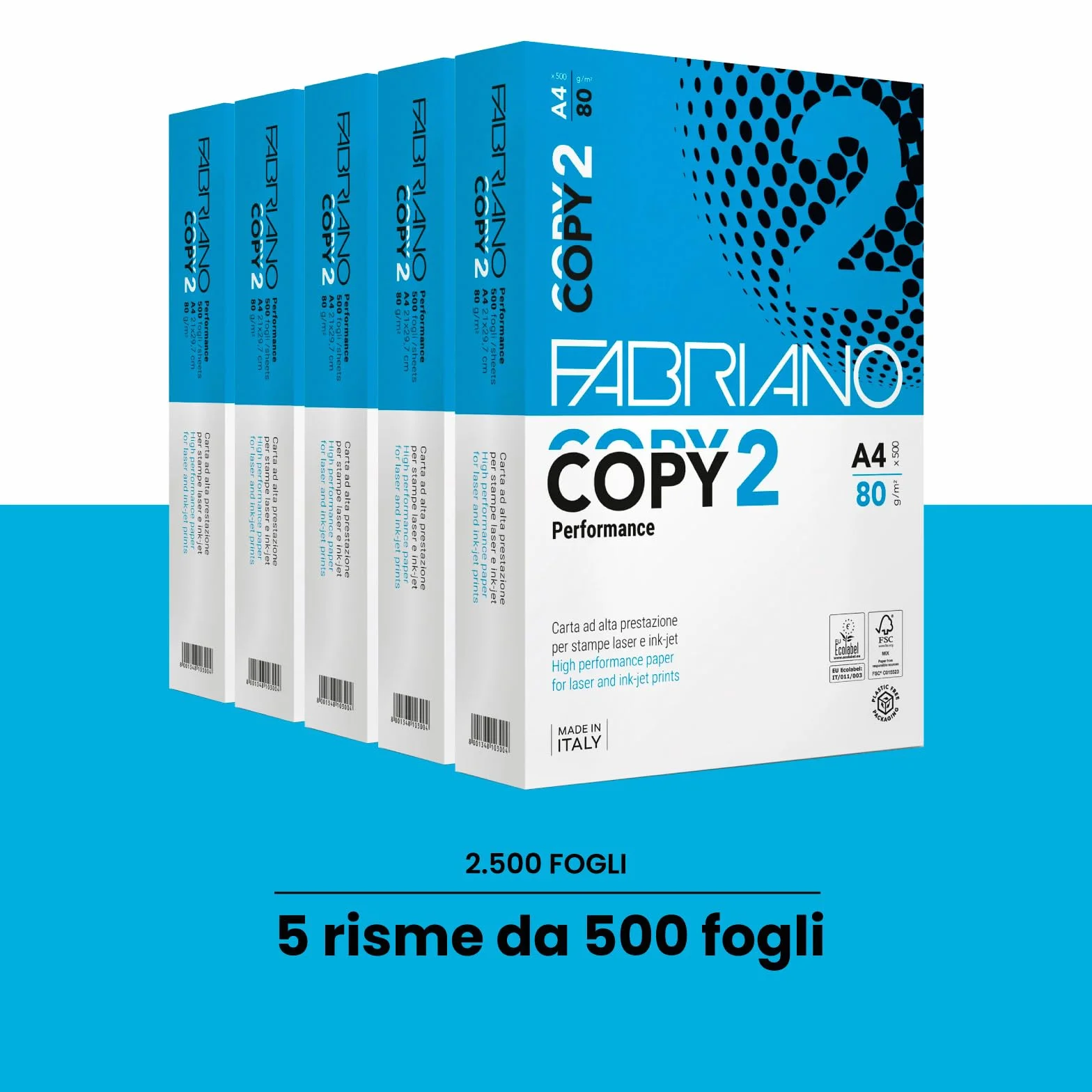 Fabriano Carta A4 per Stampante Copy 2, 80gr, 5 Risme 2500 Fogli, Multiuso Ufficio Fotocopie