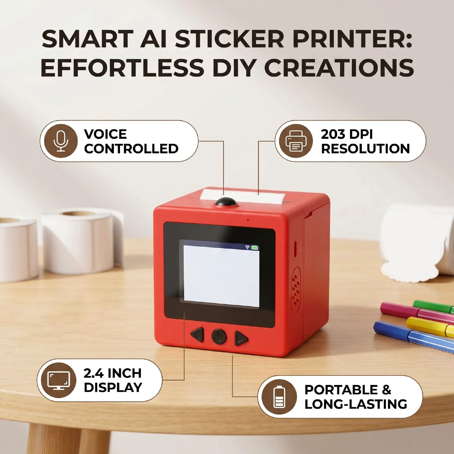 Bewinner Stampante per Adesivi Intelligente AI, Etichettatrice Termica Senza Inchiostro a Controllo Vocale con Schermo da 2,4 Pollici, Macchina da Stampa Wireless Portatile da 203 DPI per (rosso)