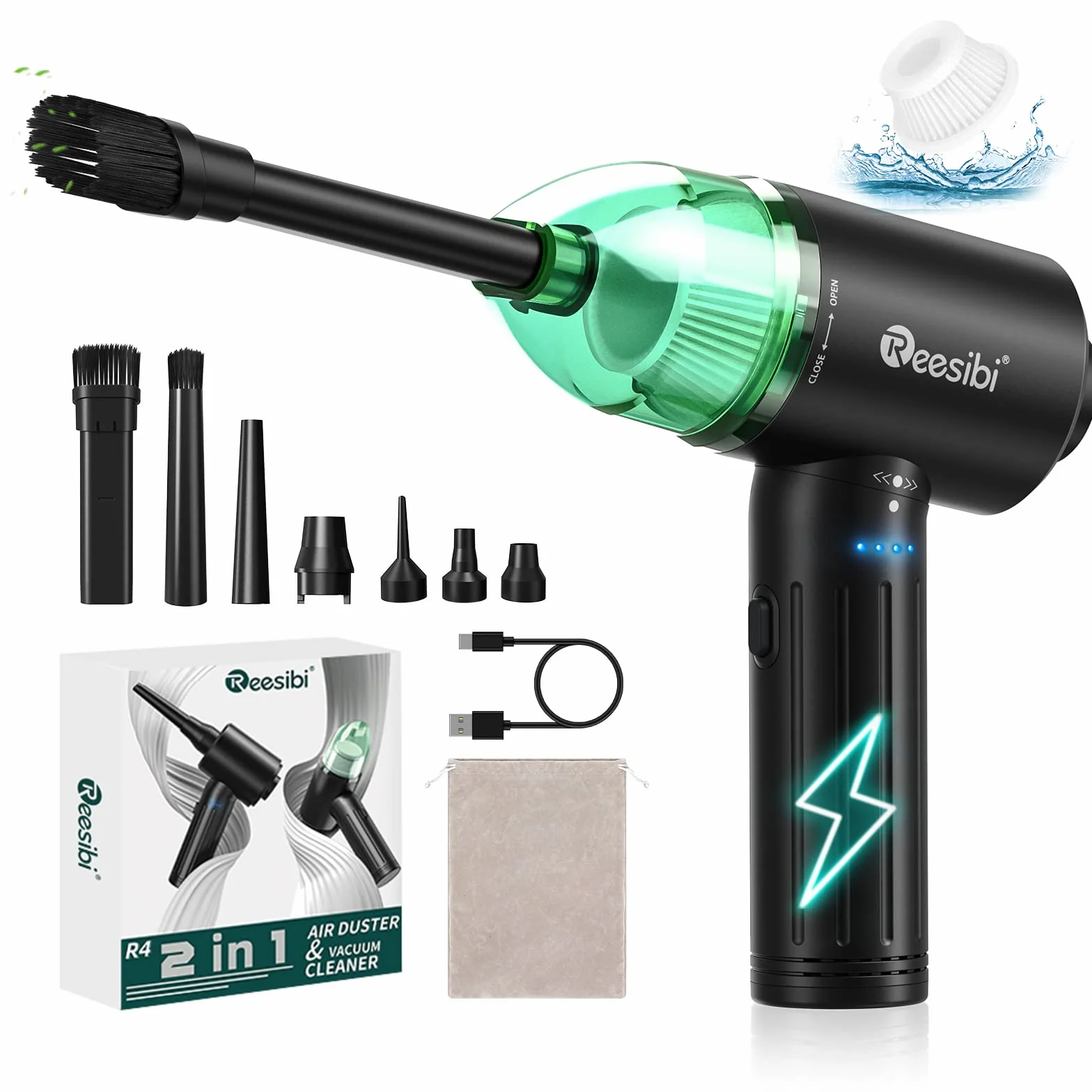 【Motore Brushless】 Reesibi 4 en 1 Elettrico 130000RPM Rimuovi Polvere Senza Fili & 12Kpa Aspirapolvere, Progettazione del Radiatore, Chip Intelligente, 3 Velocità, 90W, 7500mAh, 15W di Carica Rapida