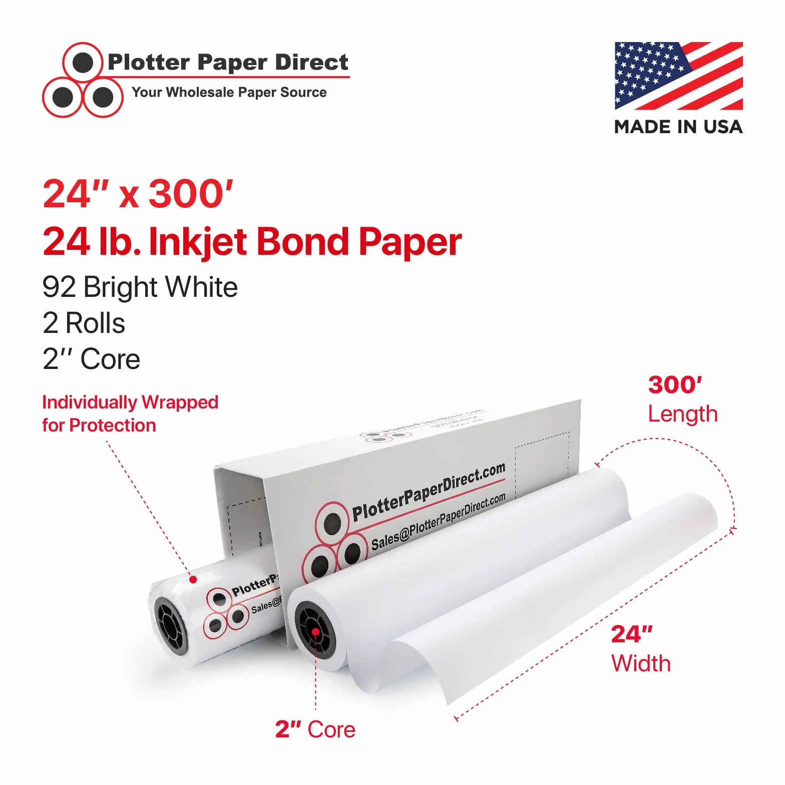 Plotter Paper Direct Rotolo di carta non patinata per stampanti a getto d'inchiostro, 10,9 kg, 2 rotoli, 61 cm x 90 m, nucleo 5,1 cm
