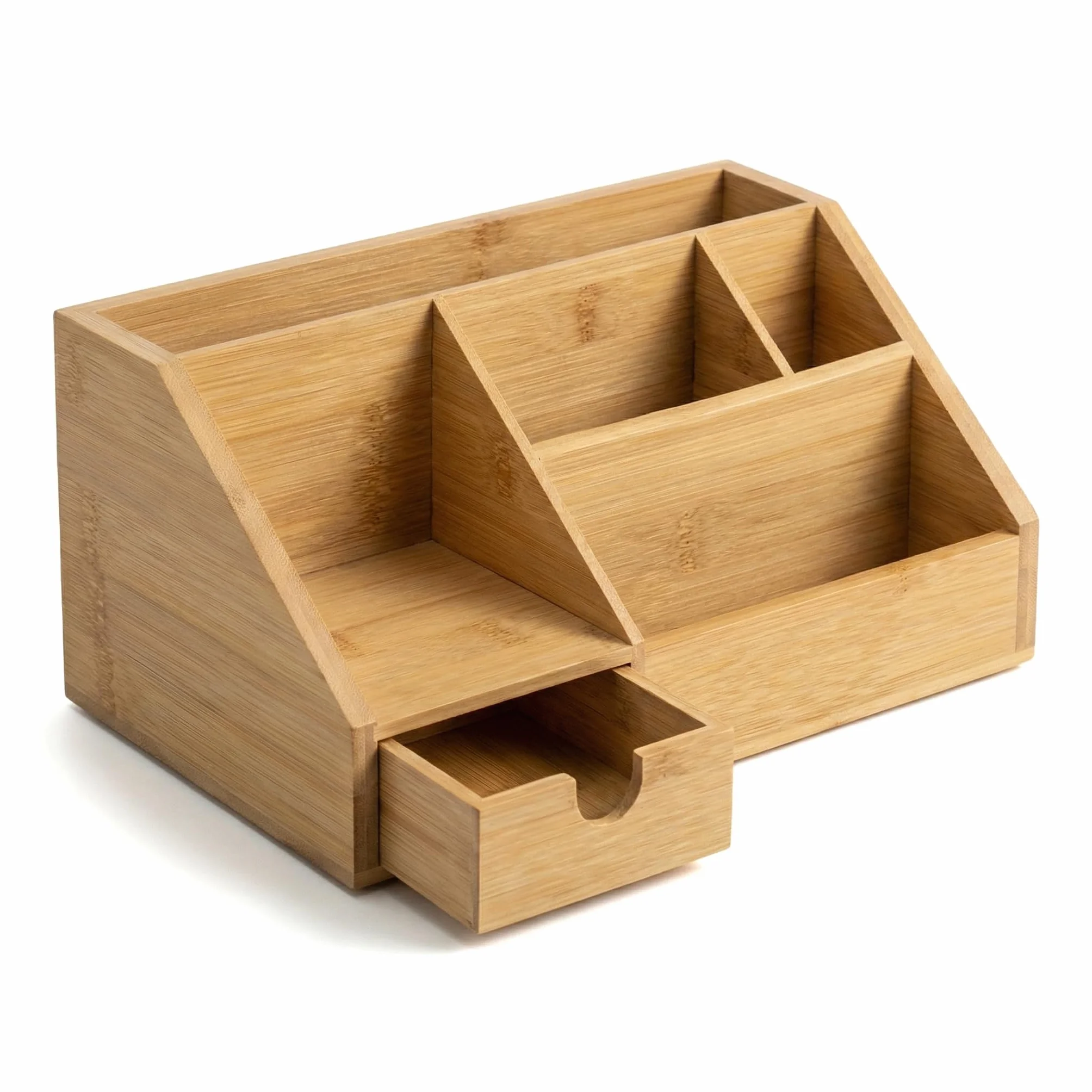 Organizer da scrivania in legno, 24,5 x 15 x 11 cm, con 7 scomparti e cassetto, con telecomando, portapenne, organizer da scrivania, per ufficio e casa