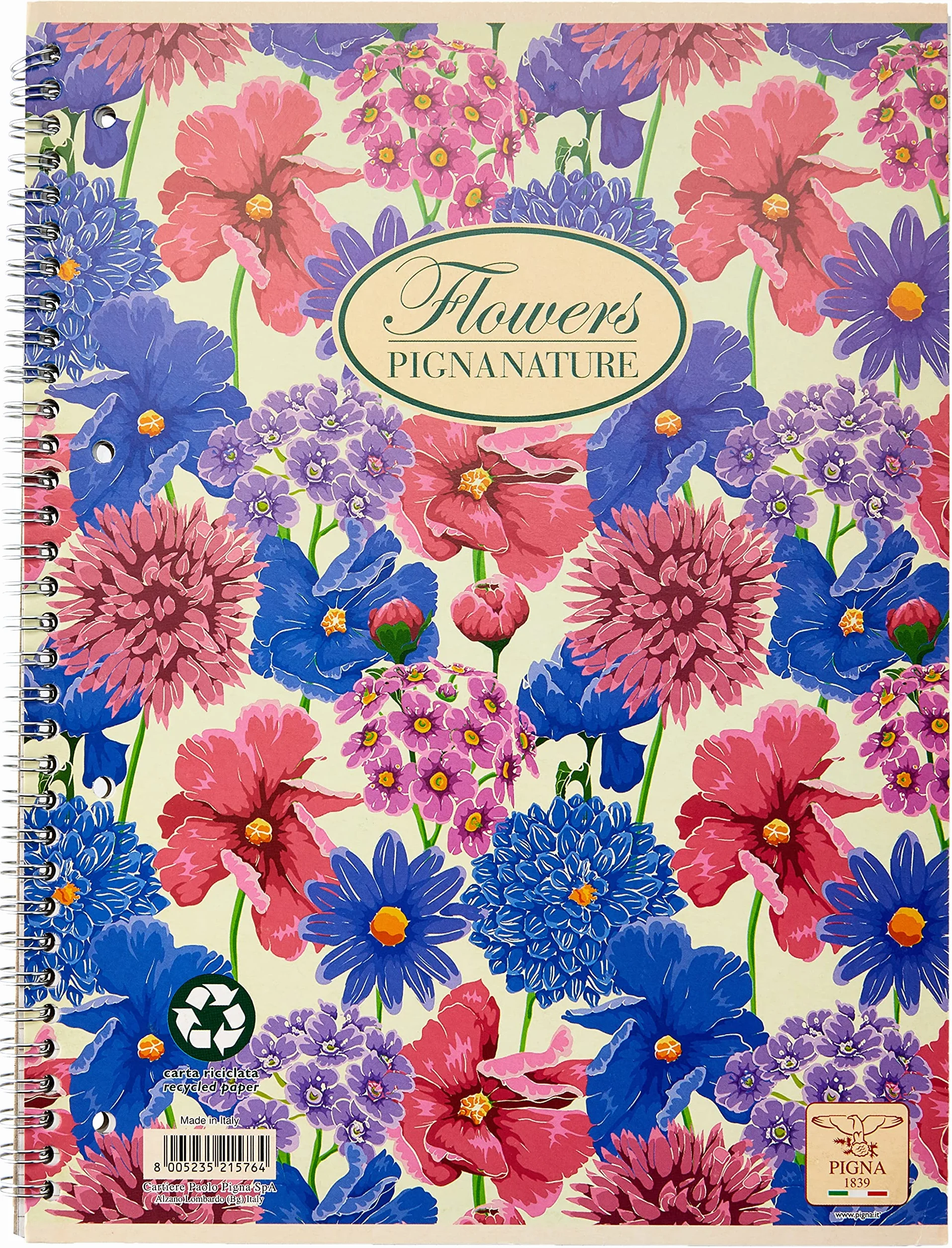 Pigna Confezione 5 Maxi Quaderni Spiralati Nature Flowers A4 Carta Riciclata 80gr Quadretti 5mm