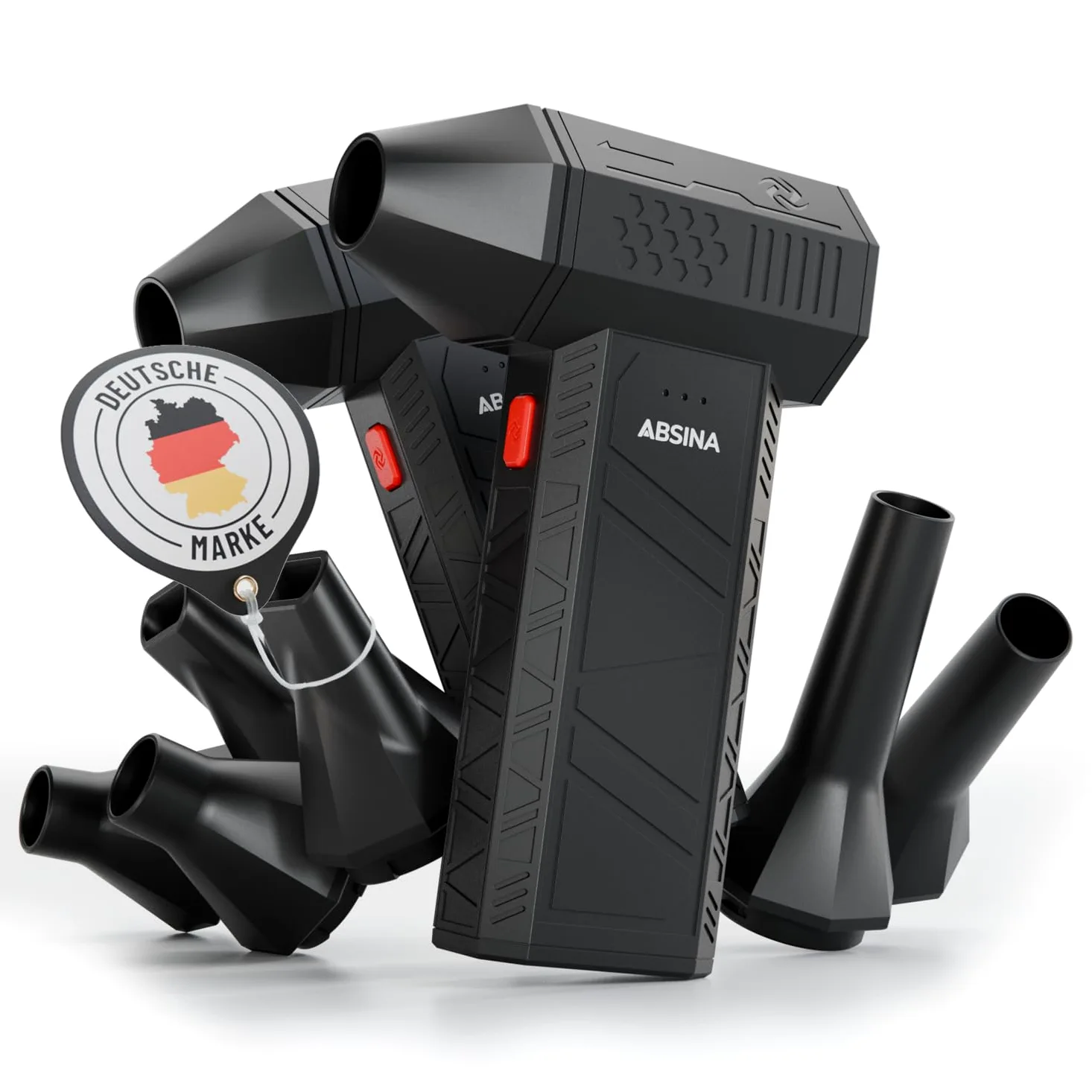 ABSINA Soffiatore a batteria potente 110.000 giri/min 3 livelli | Confezione da 2 - pistola aria compressa ricaricabile con 4 ugelli - per PC, casa, auto e altro - soffiatore portatile