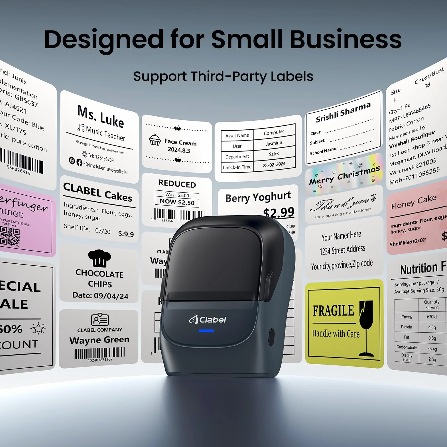 CLABEL Mini Stampante Etichette Portatile 221B Bluetooth Termica Etichettatrice Adesive Codice a Barre iOS Android Label Printer