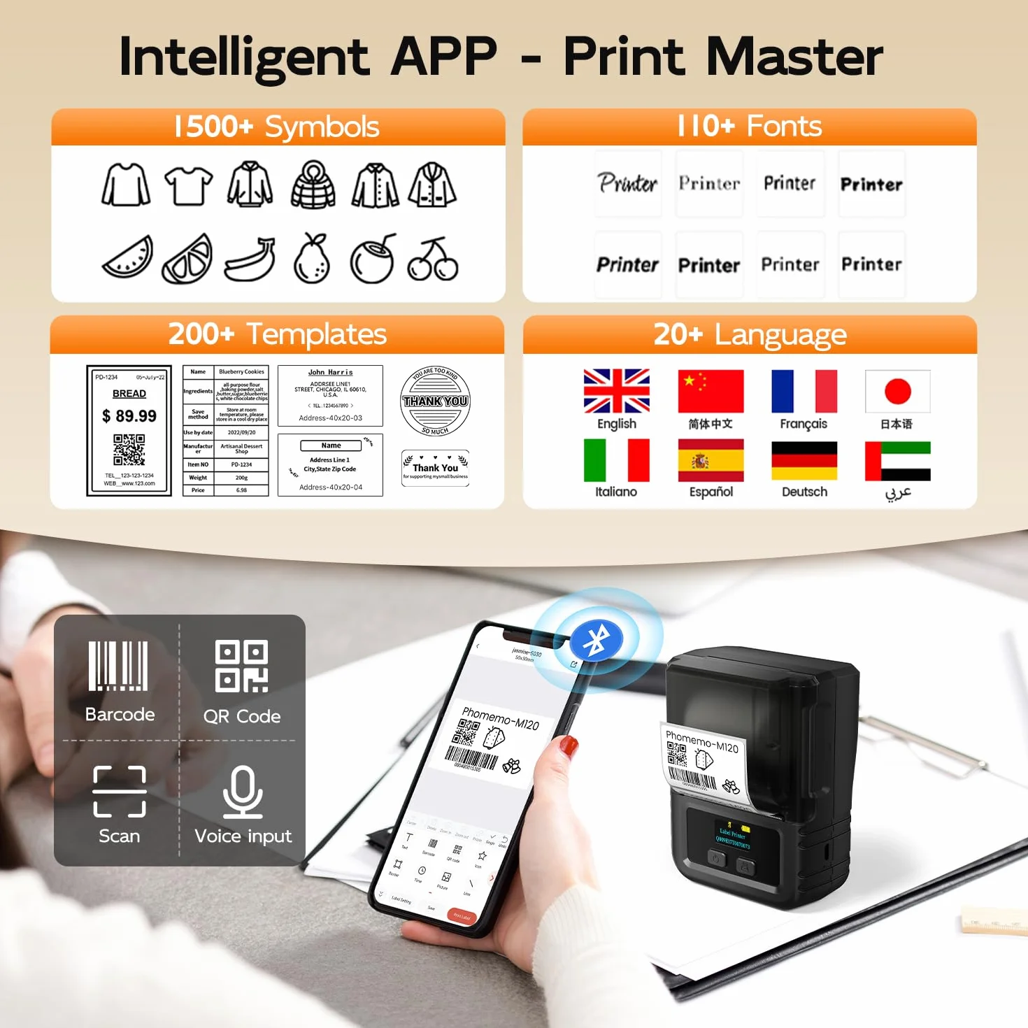 Phomemo M120 Stampante per adesivi etichettatrice etichette termica Bluetooth mini wireless codice a barre per vendita al dettaglio, codice QR,cavi, piccole aziende,compatibile con Android e iOS,Nero