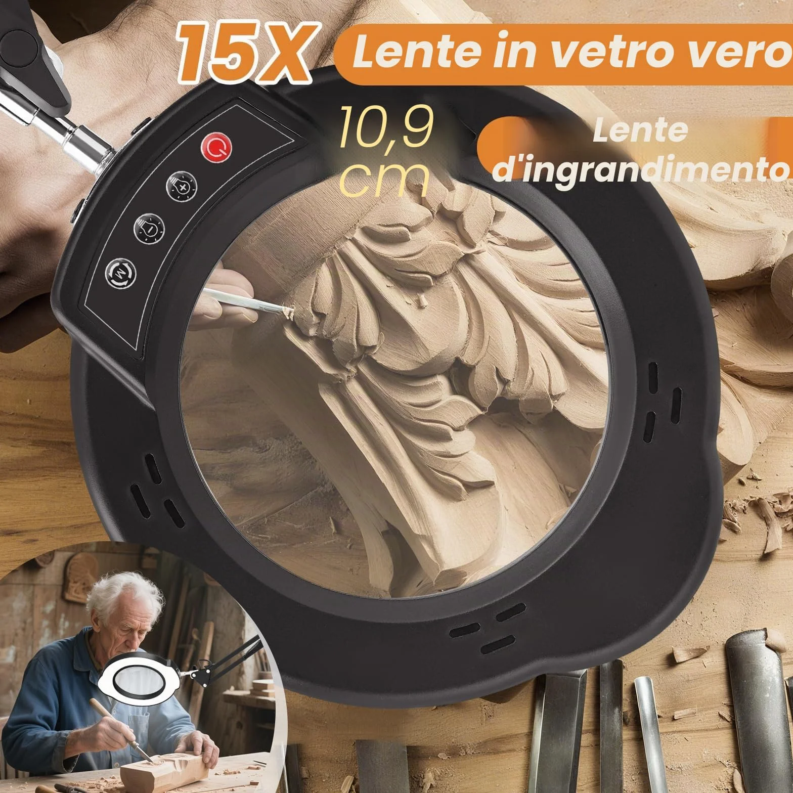 Lente d'ingrandimento con ingrandimento 15x, 5 temperature di colore e 10 livelli di luminosità, lente d'ingrandimento multifunzionale con bracci flessibili e testa Magnifying Glass