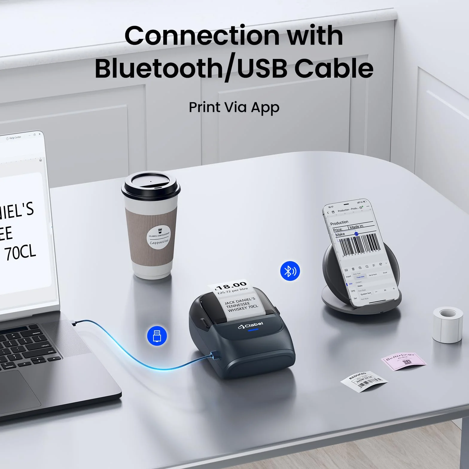 CLABEL Mini Stampante Etichette Portatile 221B Bluetooth Termica Etichettatrice Adesive Codice a Barre iOS Android Label Printer