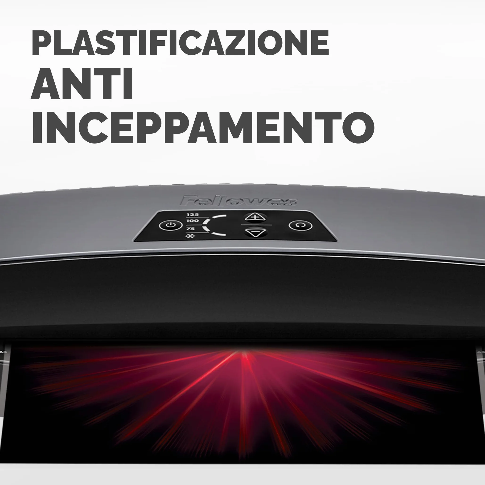 Fellowes Plastificatrice A4 Calibre per piccoli uffici, Pronta in 1 minuto con Spegnimento e modalità Riposo, 80-125 Micron, Kit con 10 fogli A4 per plastificazione incluso, Nero