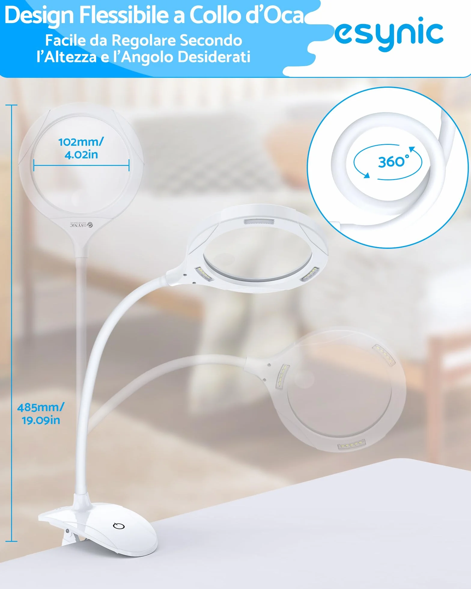 ESYNiC 2 in 1 Lente di Ingrandimento 5X 10X Lampada LED Ricaricabile con Morsetto da Tavolo Lente d'Ingrandimento Luce 15 LED 3 Luminosità Regolabile con Clip Collo Flessibile - Bianco