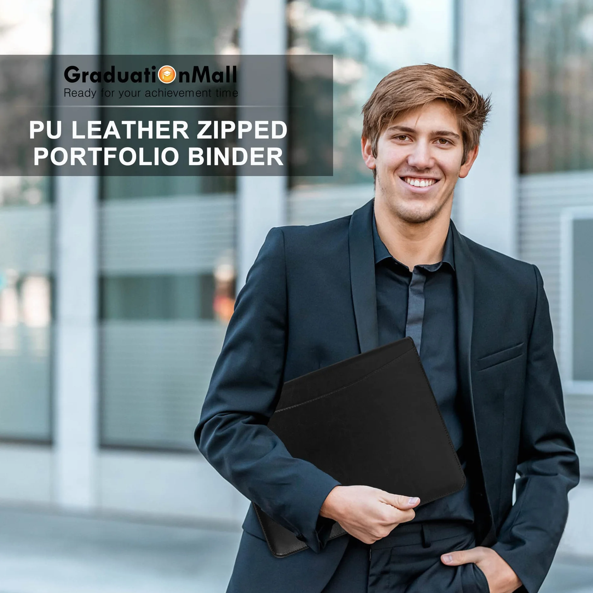 Cartella Portadocumenti con Cerniera A4 Organizer in PU Pelle Nero con Porta Tablet, Telefono e Biglietti da Visita