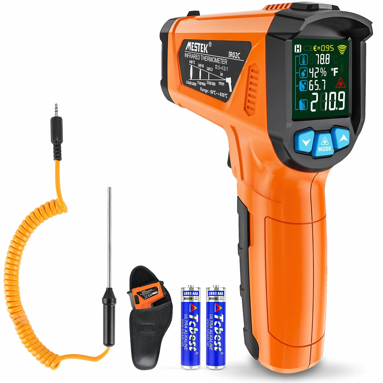 MESTEK Termometro a Infrarossi -50°C~800°C Digitale Laser Pirometro con K-Probe Senza Contatto LCD a Colori