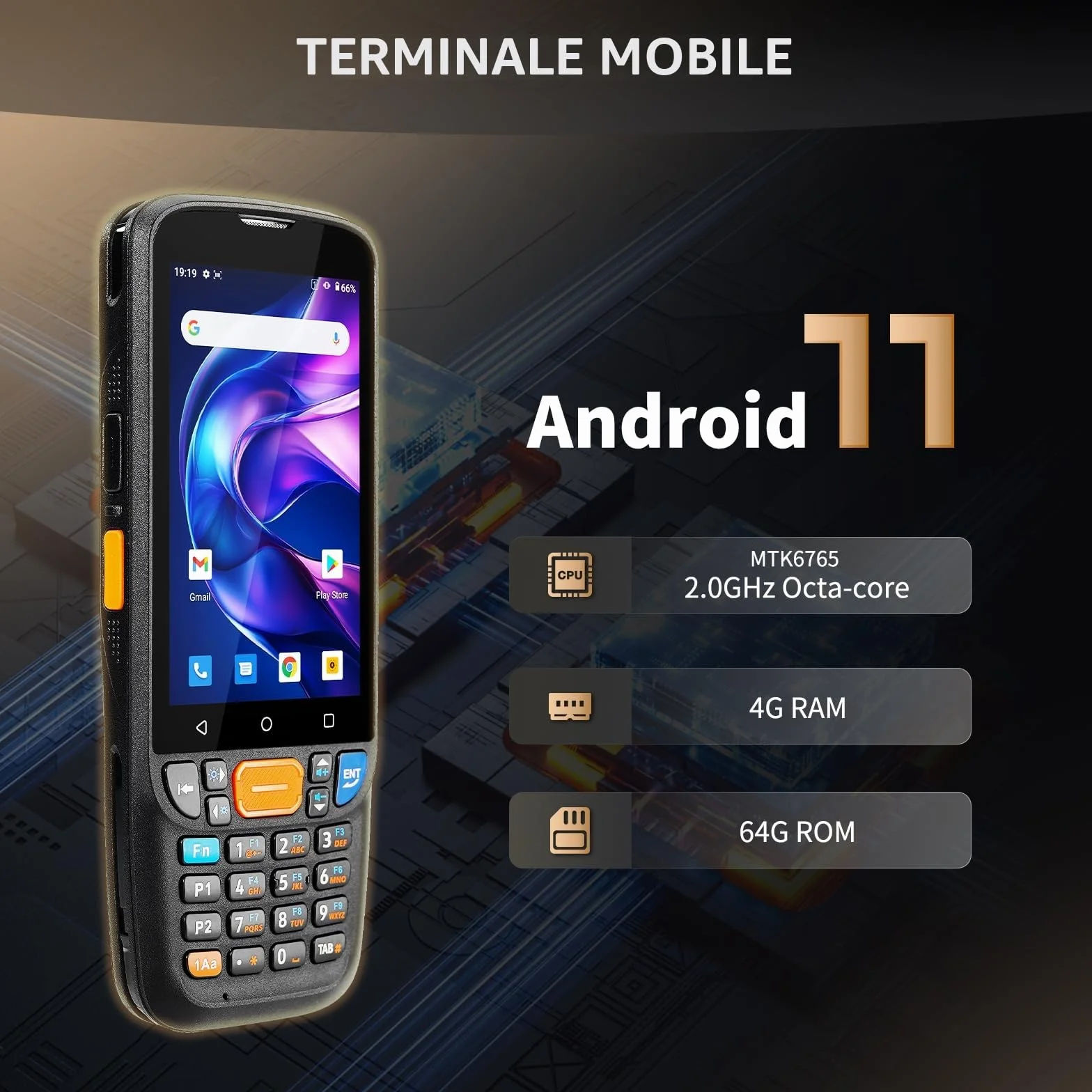 NETUM Android 11 Palmare Scanner Codici Q500, 4+64GB Computer Mobile, Motore Scansione Honeywell HS7 1D 2D, Schermo 4" Touch con 23 Tasti, IP67 Wi-Fi 4G BT NFC per Magazzino e Vendita