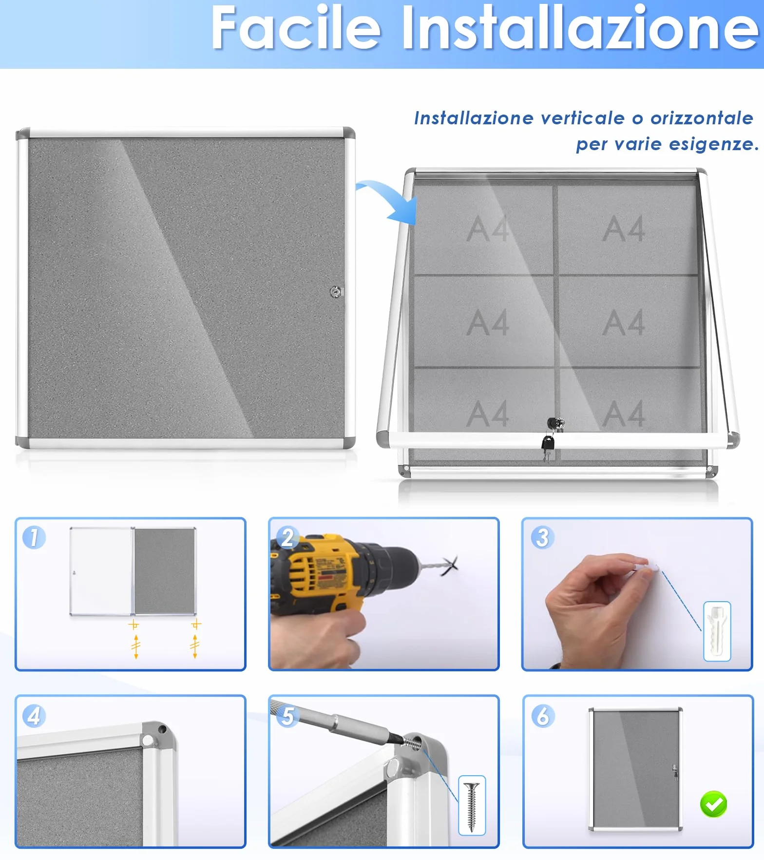 MAKELLO Bacheca Chiusa In Feltro Grigio Pannello Con Anta Battente, Bacheca Per Interni in Alluminio per Condominiale Ufficio Scuola, 67x72cm-6xA4