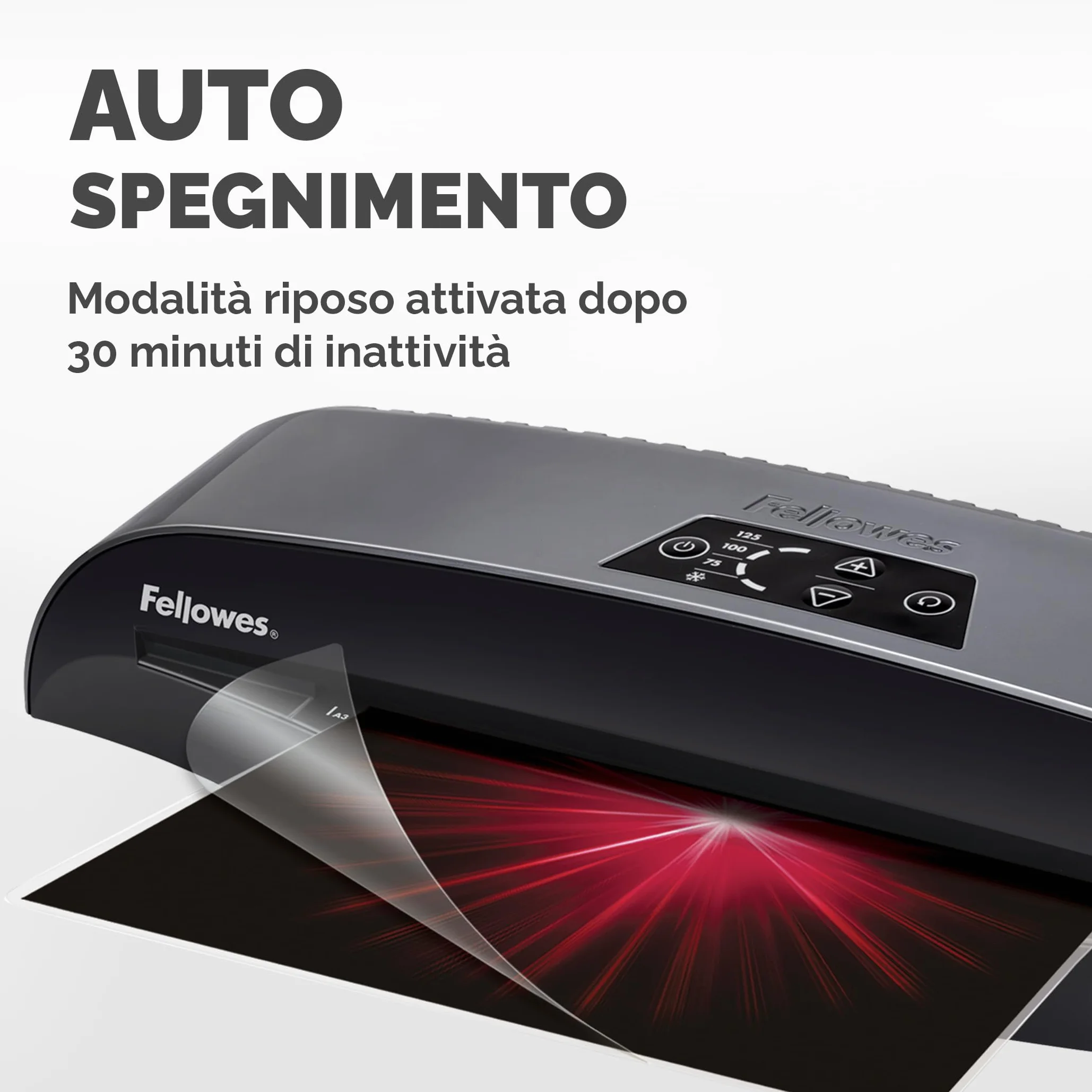 Fellowes Plastificatrice A4 Calibre per piccoli uffici, Pronta in 1 minuto con Spegnimento e modalità Riposo, 80-125 Micron, Kit con 10 fogli A4 per plastificazione incluso, Nero