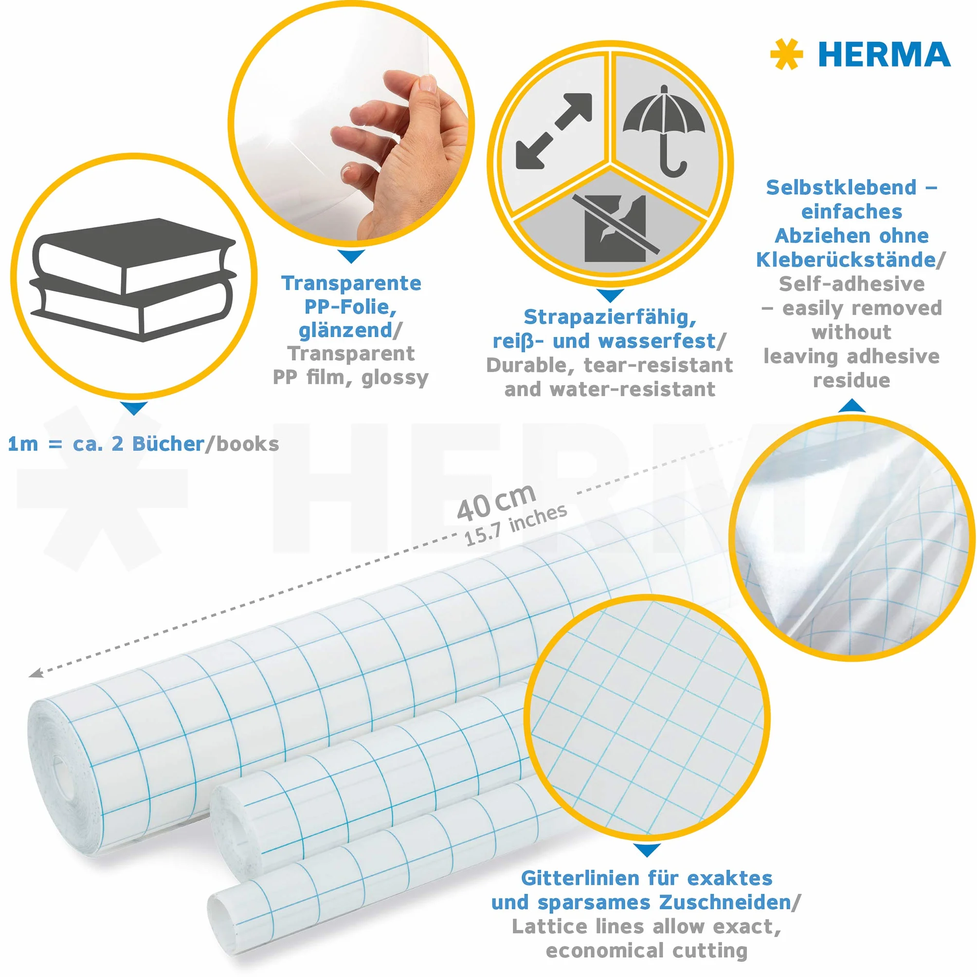 HERMA 7003 Pellicola protettiva incolore per libri,25 m x 40 cm, autoadesivo, lucido, transparente, 1 rotolo