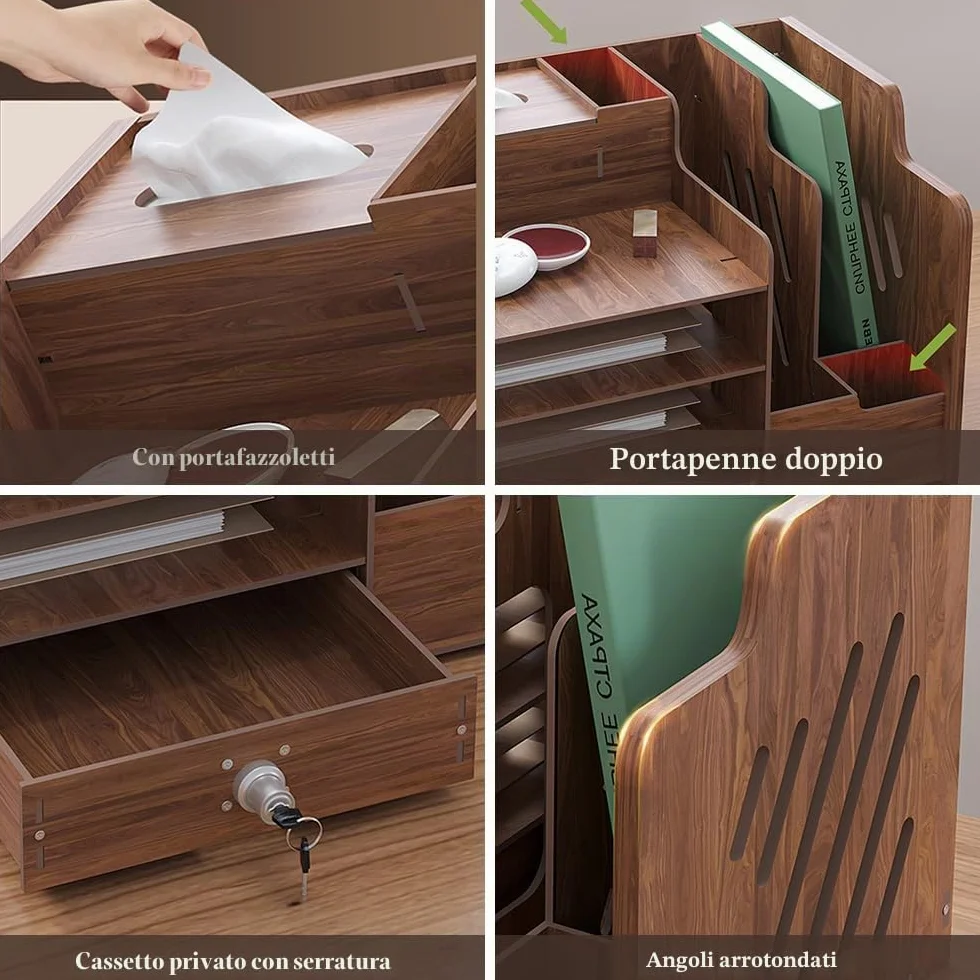 Organizer da scrivania in legno grande capacità formato A4 per ufficio casa scuola JB07-2 legno di noce