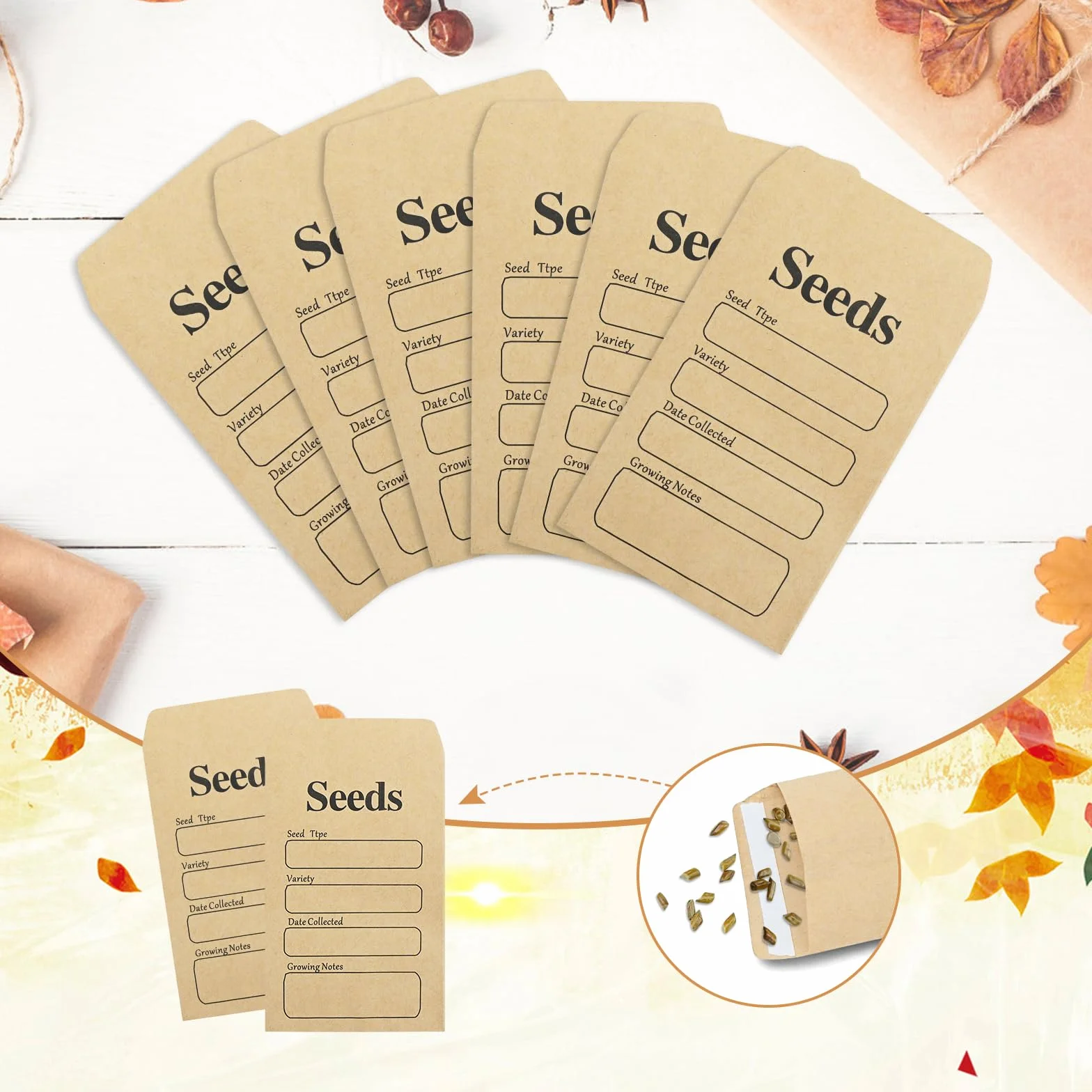Buste per Semi Kraft 100 Pezzi con Modello Raccolta, Autosigillanti