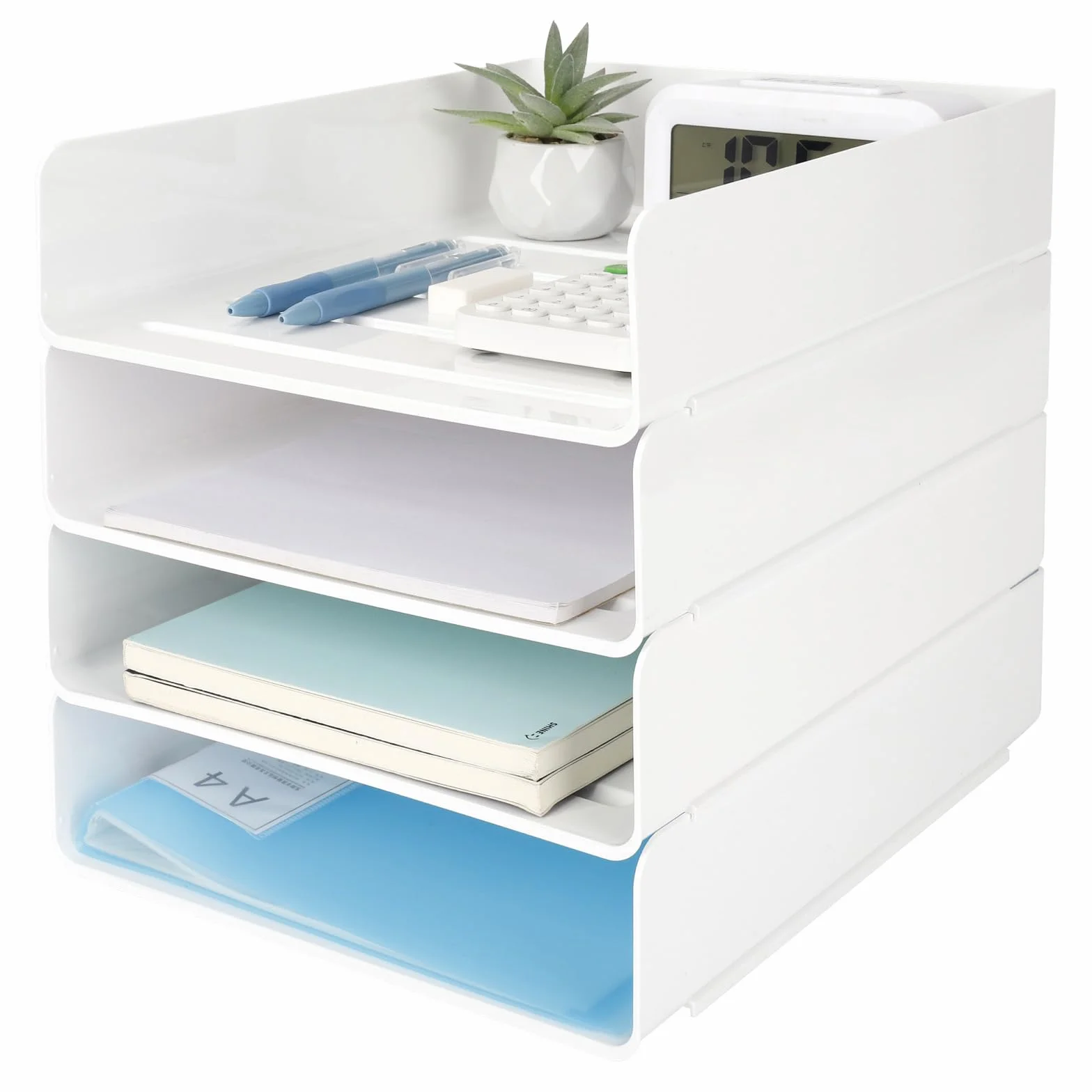 4 Pezzi Vaschetta Porta Documenti Ufficio Impilabile, Organizzatore Scrivania Bianco in PET, Vassoio Porta Documenti A4, Organizer Scrivania per Libri Documenti Fogli Riviste