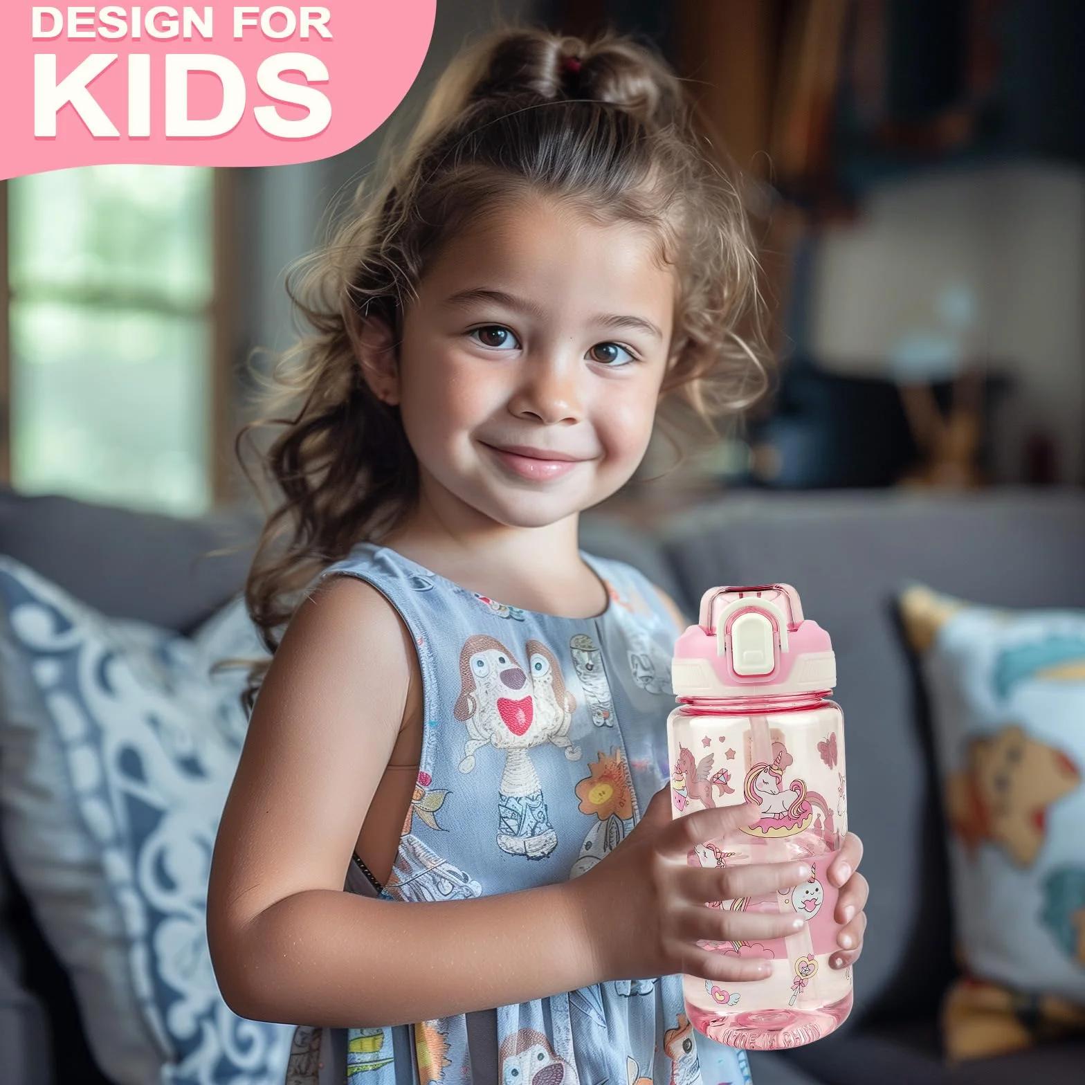 Borraccia Bambini 600 ml con Cannuccia Unicorno Rosa Priva di BPA Lavabile in Lavastoviglie