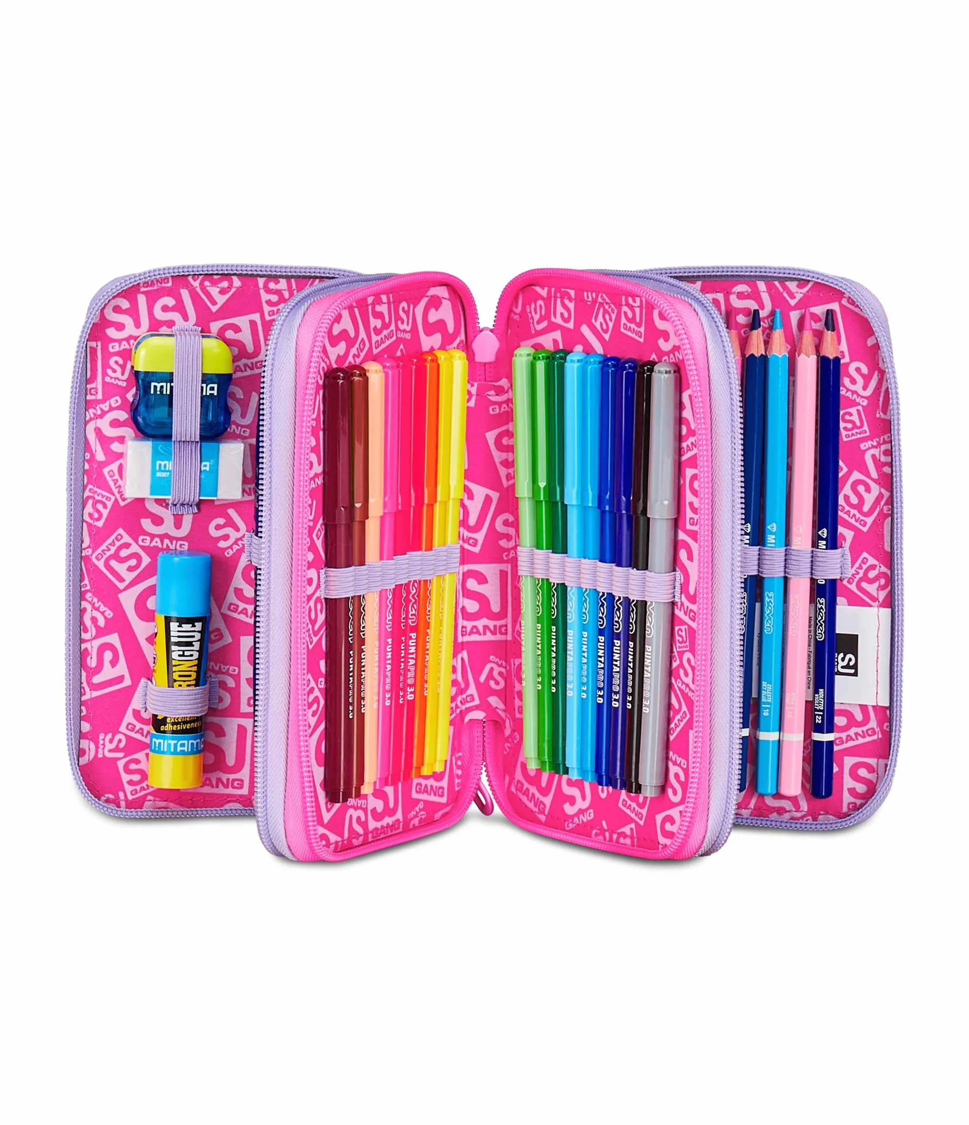 Astuccio Scuola 3 Zip Fucsia Portapenne Triplo Scomparto Completo Penne Matite Colori