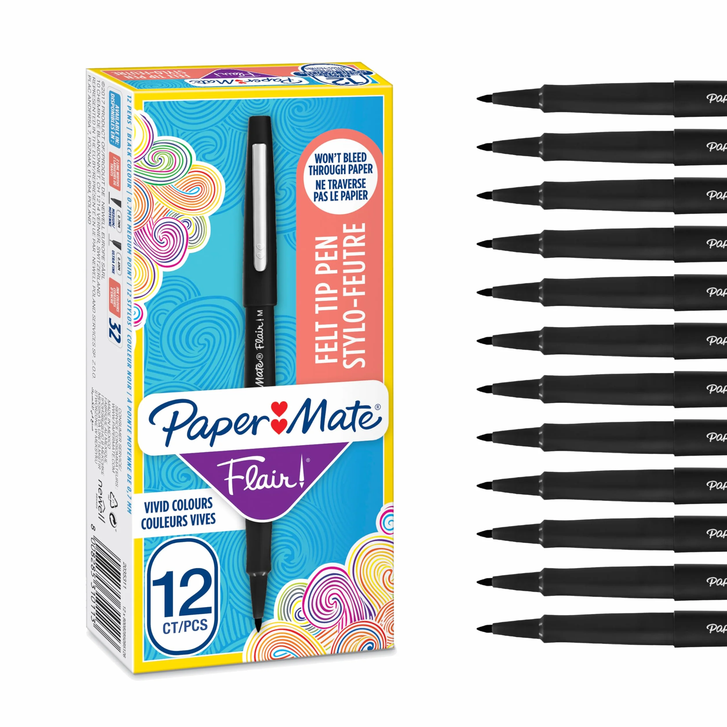 Paper Mate Flair Pennarelli Punta Media in Feltro 0.7mm Nero Scatola da 12