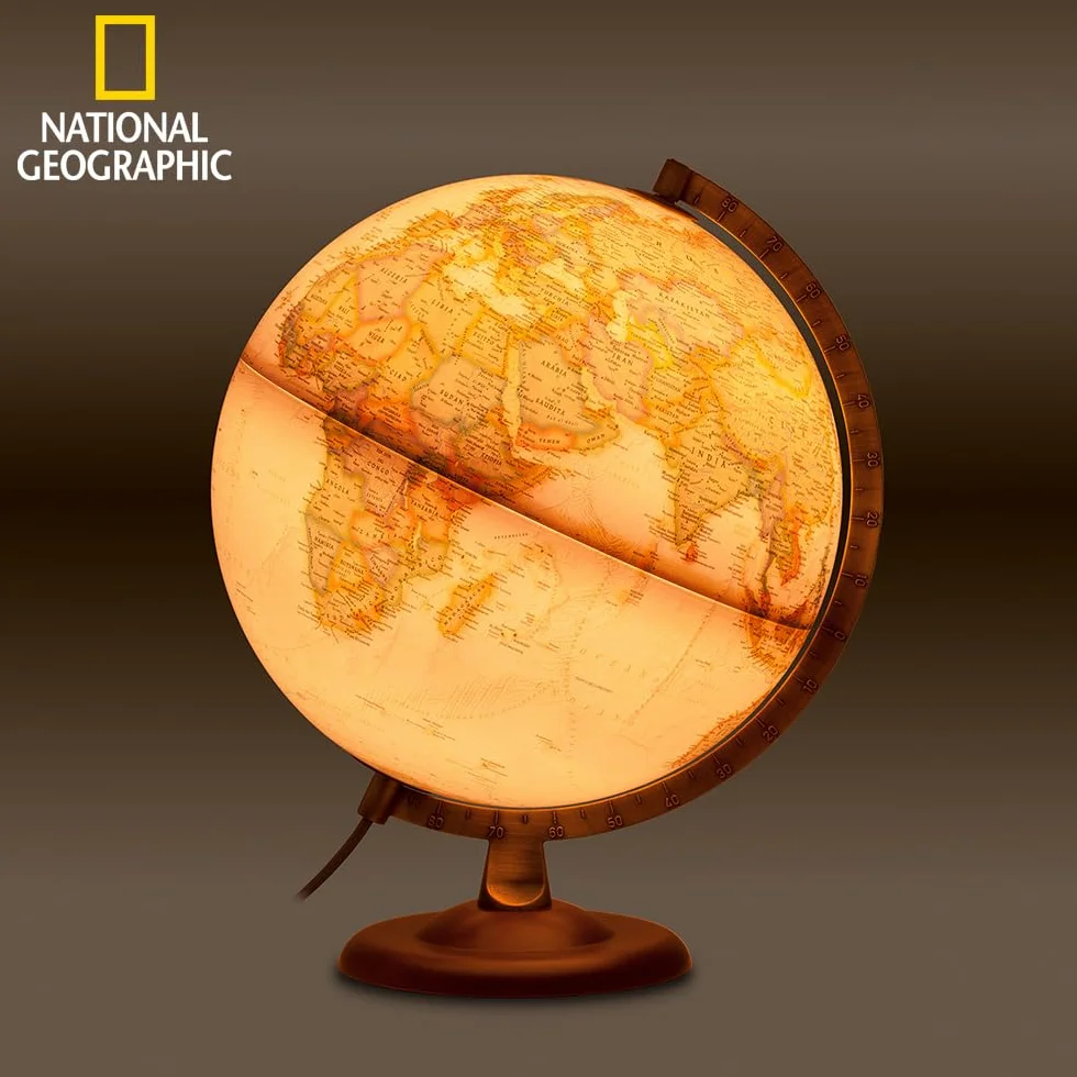 Tecnodidattica - Mappamondo National Geographic Gold Executive | Cartografia Fisico-Politica Stile Antico | Luminoso | Base in Legno e Meridiano in Metallo | Testi in Italiano | Diametro 30 cm