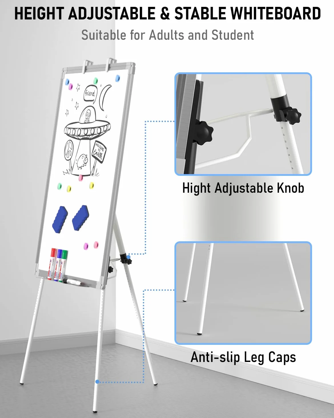 Nicpro Lavagna bianca con supporto, 90 x 60 cm, lavagna magnetica cancellabile a secco, con 4 penne, gomma, magnete, lavagna a fogli mobili, cavalletto portatile regolabile in altezza, per studenti