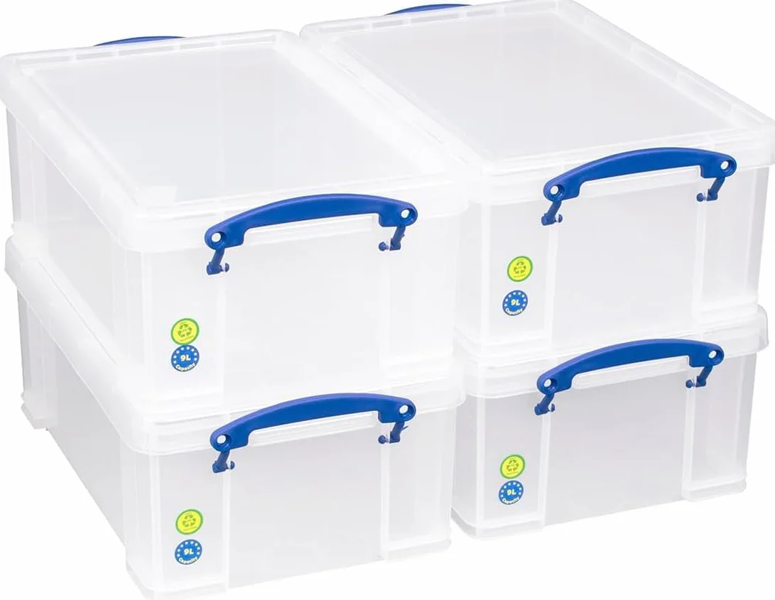 4 pezzi – Really Useful Box 9 litri – 395 X 255 X 155 mm – per 24 DVD/A4 – Trasparente con Coperchio