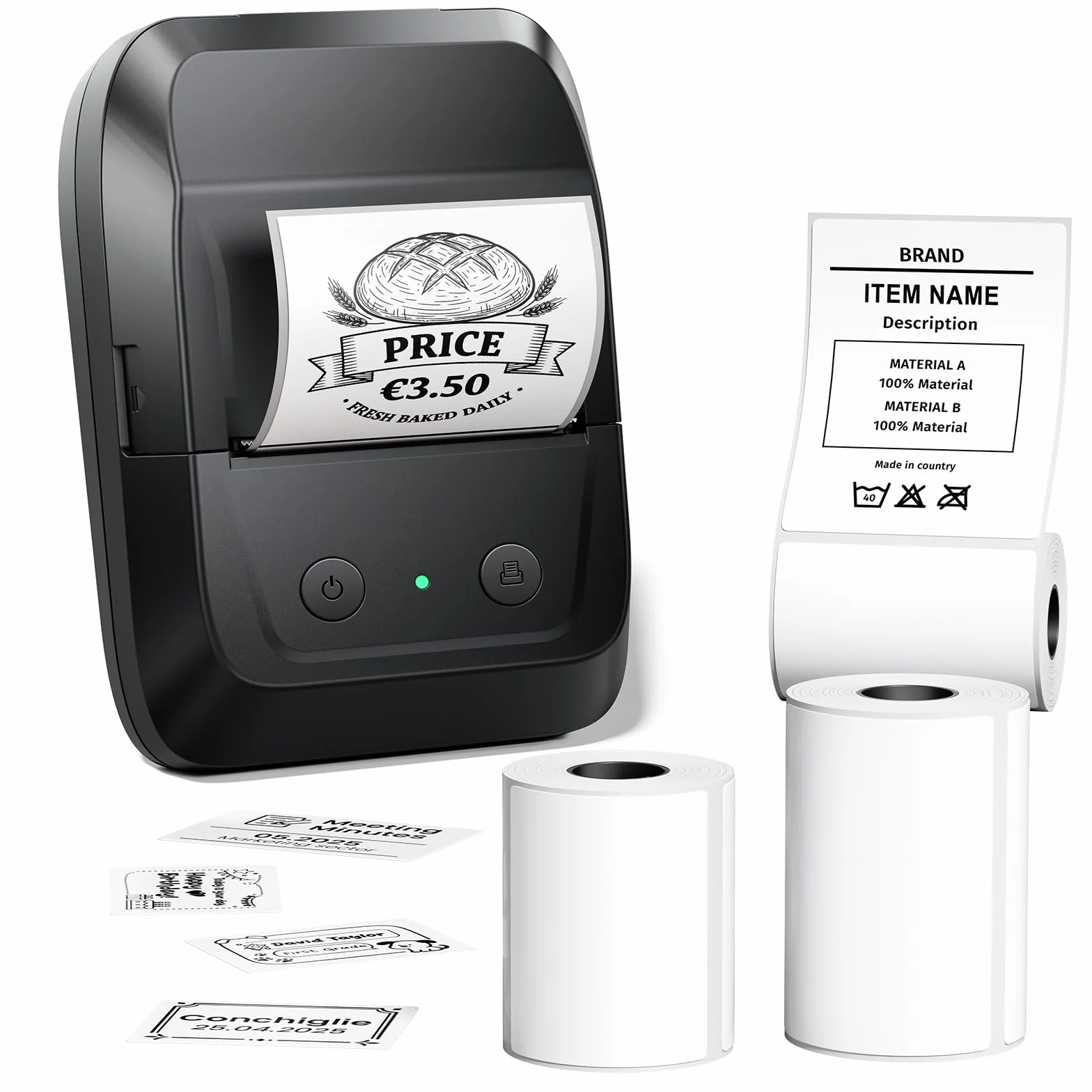 Memoking Etichettatrice Bluetooth con Etichette con 3 rotoli di etichette larghe,Stampante Etichette Adesive, Thermo Label Printer per codici a barre, logo, indirizzo, vendita al dettaglio, ufficio