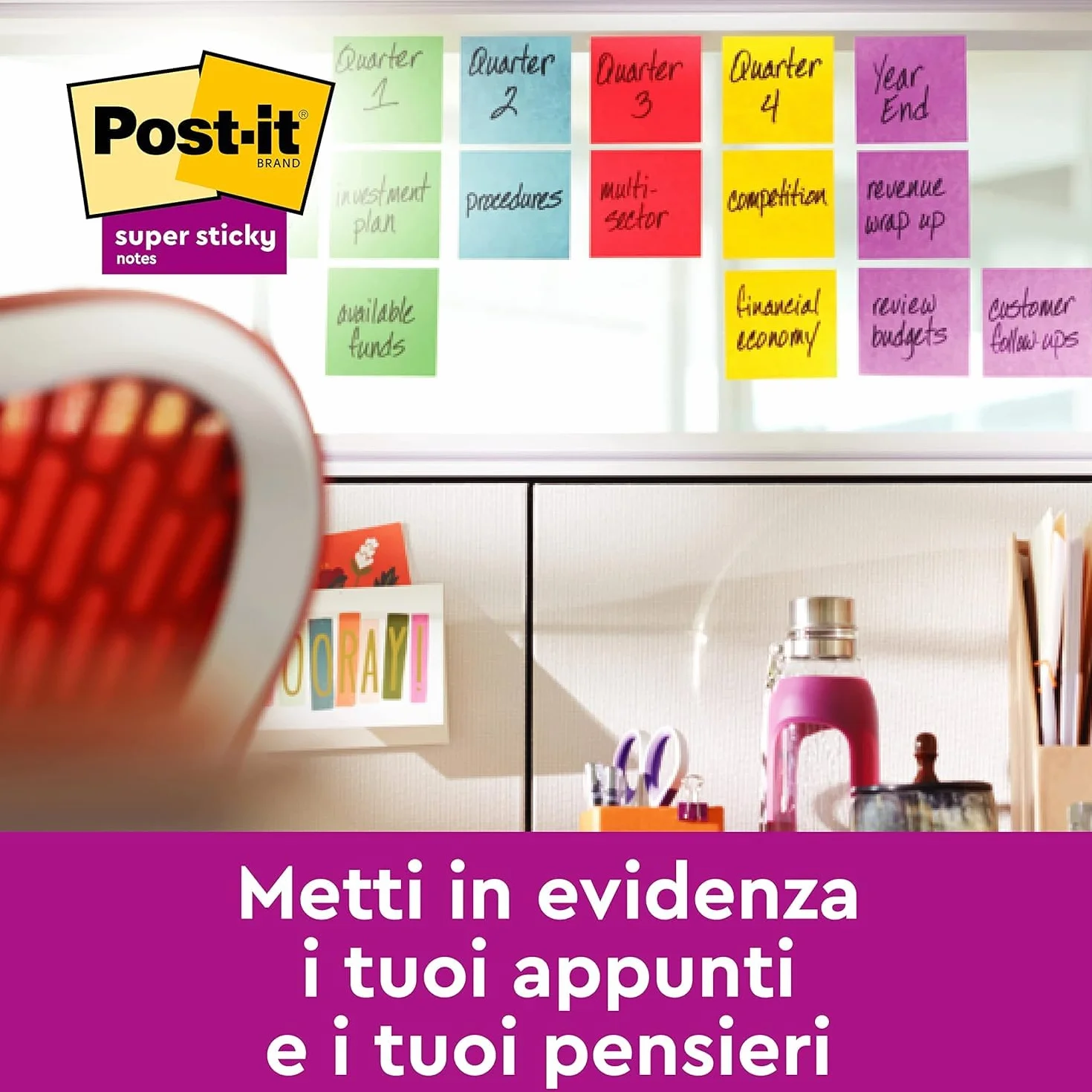 Post-it Super Sticky Foglietti Playful, 12 blocchetti 90 fogli, 47,6 mm x 47,6 mm, Rosso, Arancio, Giallo, Verde, Azzurro, Viola