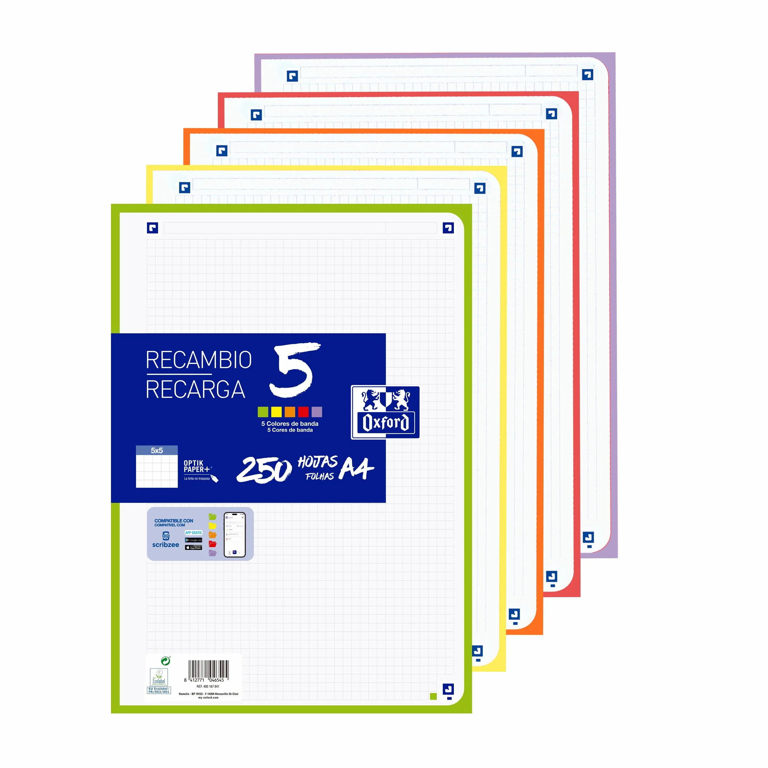 Oxford Fogli a quadretti A4 forati, 250 fogli, griglia 5 x 5, 5 colori vivaci