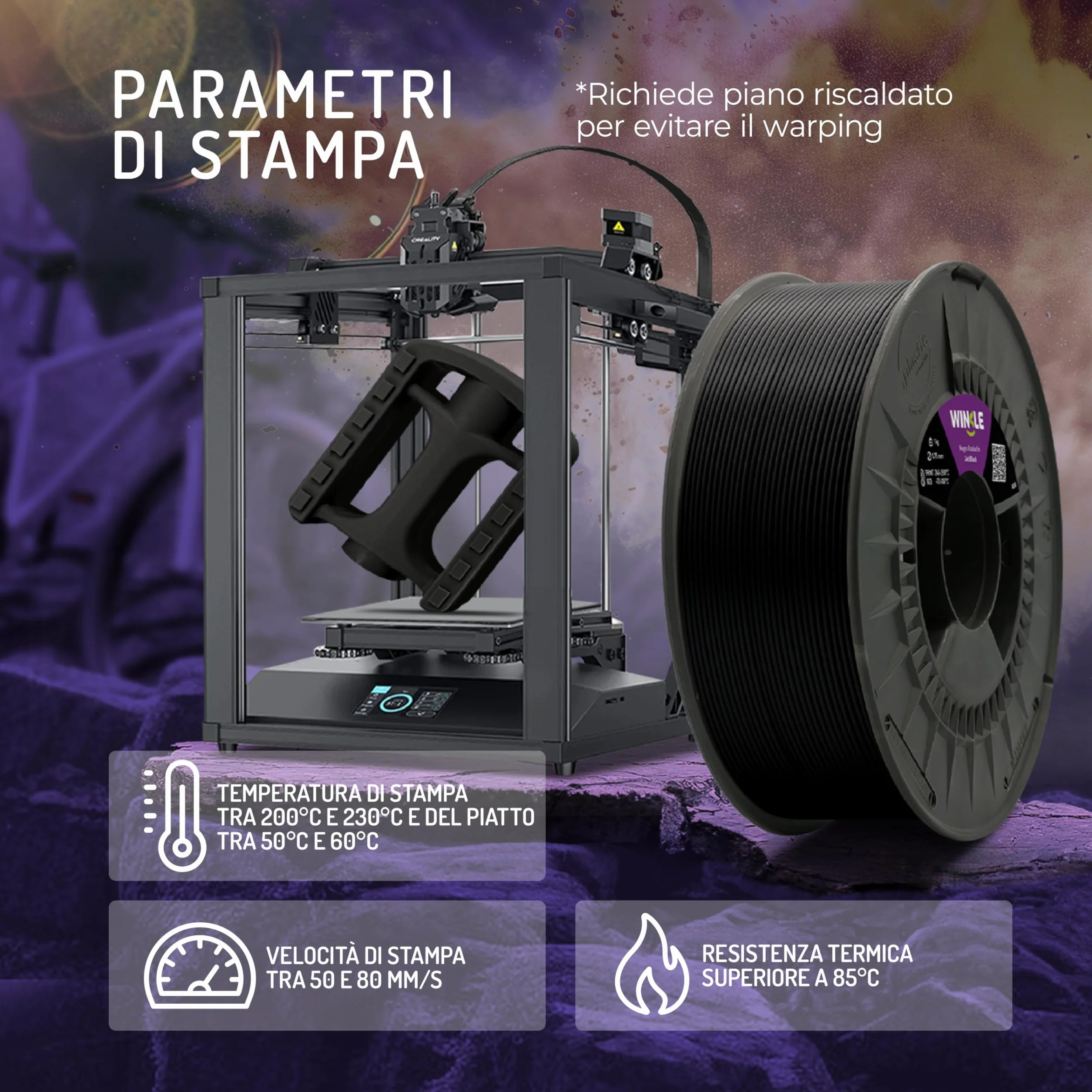 WINKLE Filamento ASA 1.75mm Nero Corvino 250g Bobina per Stampante 3D FDM Precisione Dimensionale +/- 0.05mm Resistente UV Calore