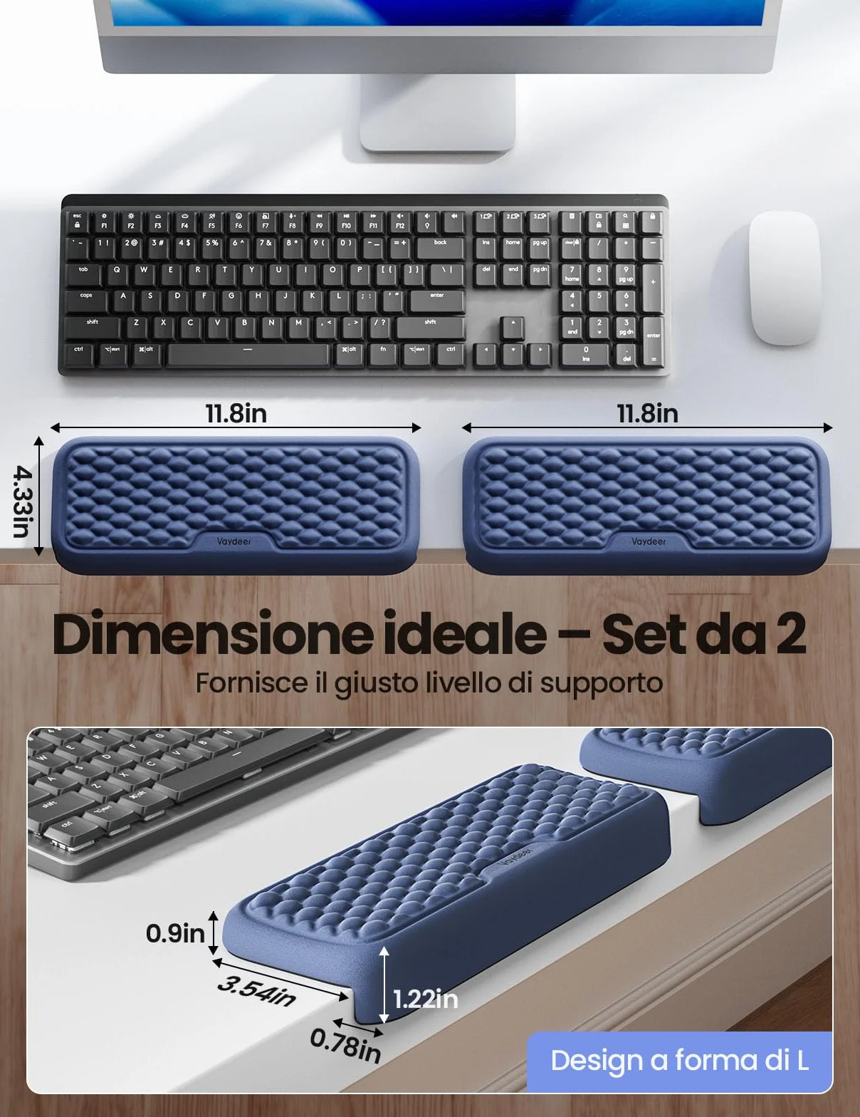 VAYDEER 2 Pz Poggiapolsi Memory Foam Antiscivolo Ergonomico per Scrivania Ufficio Gaming Blu