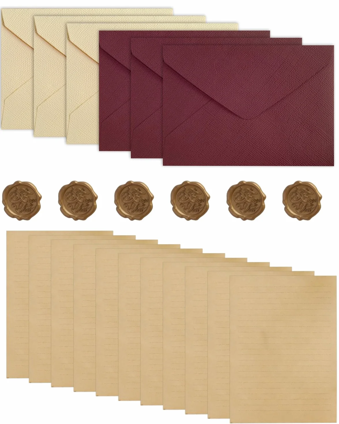 Set Carta da Lettere Vintage 32 Pezzi: 6 Buste & 20 Fogli A5 Kraft Rigati, 6 Sigilli Ceralacca per Inviti Matrimonio