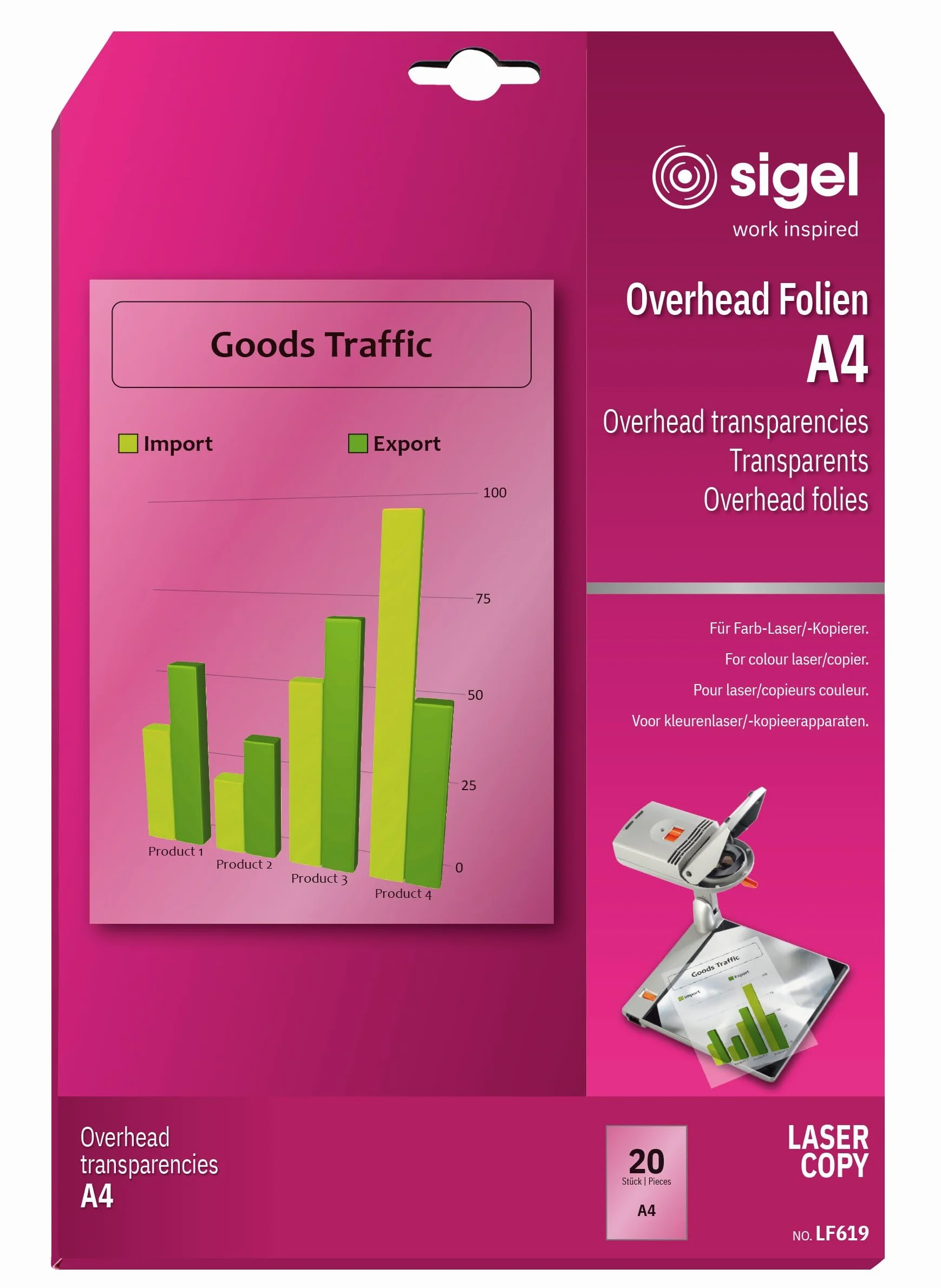 SIGEL LF619 OHP Film trasparente Laser a colori, nitido, A4, 125 µm, 20 fg