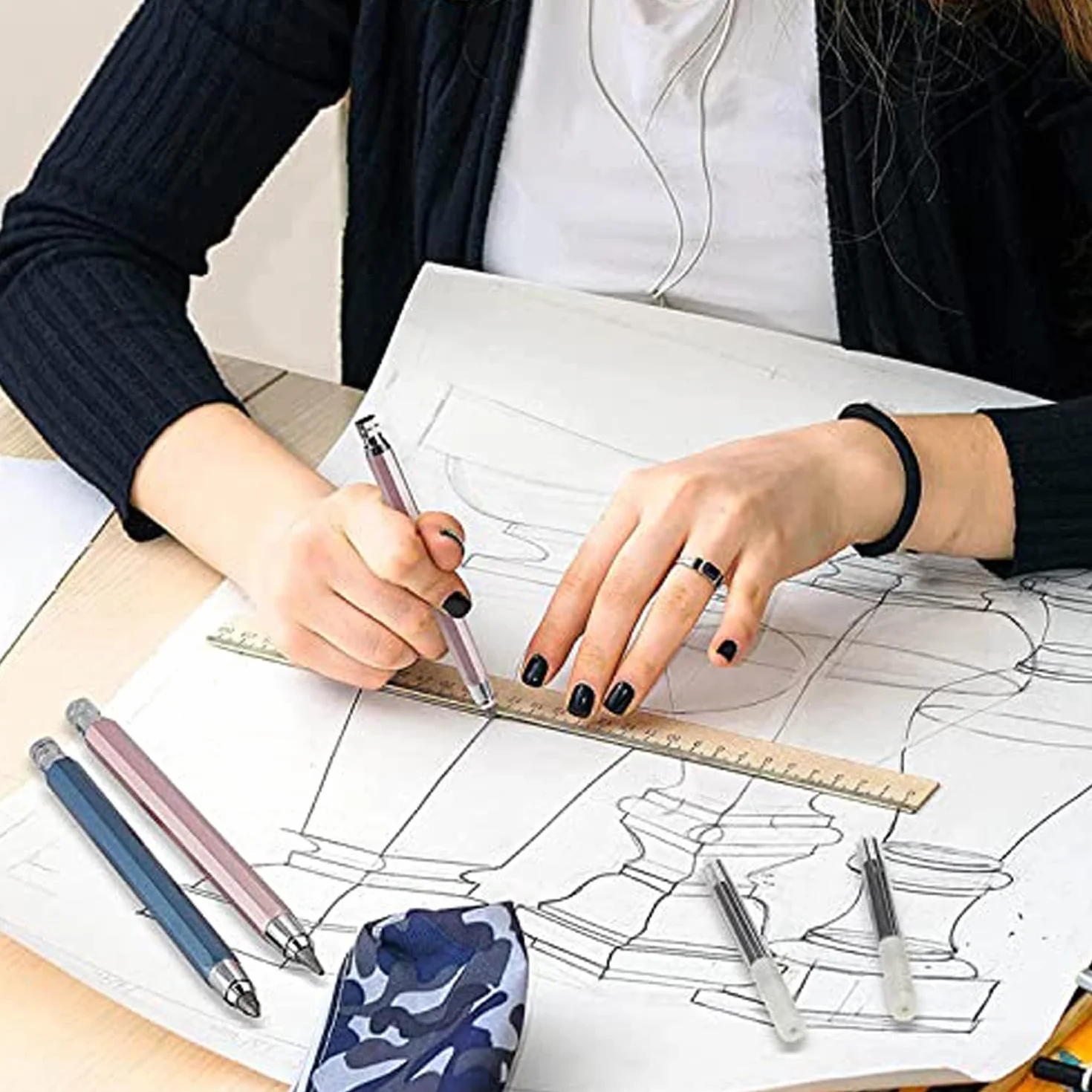 Set di portamina in metallo 5,6 mm con clip e 4 mine per costruzione, disegno, schizzi artistici
