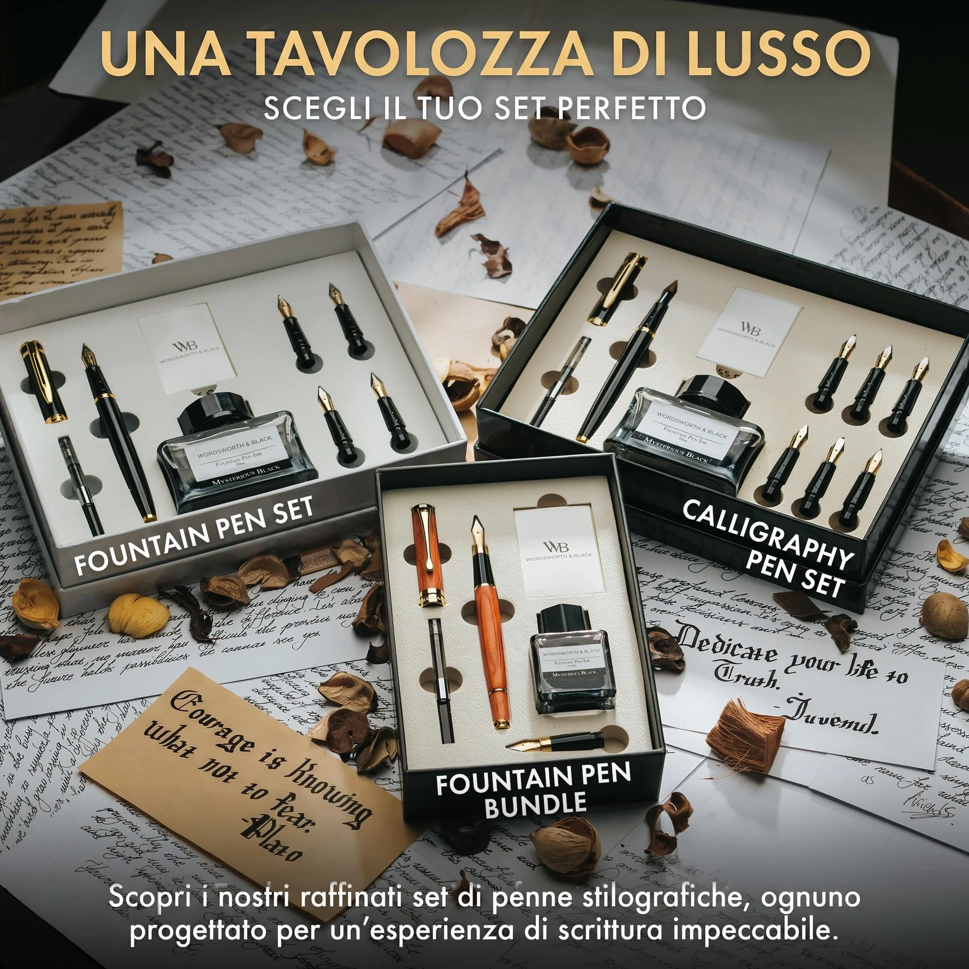 Wordsworth & Black's Set di Penne Stilografiche Lusso Legno di Bambù Pennino Medio Pennino Extra Fine Custodia Regalo Boccetta di Inchiostro Nero da 25ML 6 Cartucce di Inchiostro [Legno di Ciliegio]