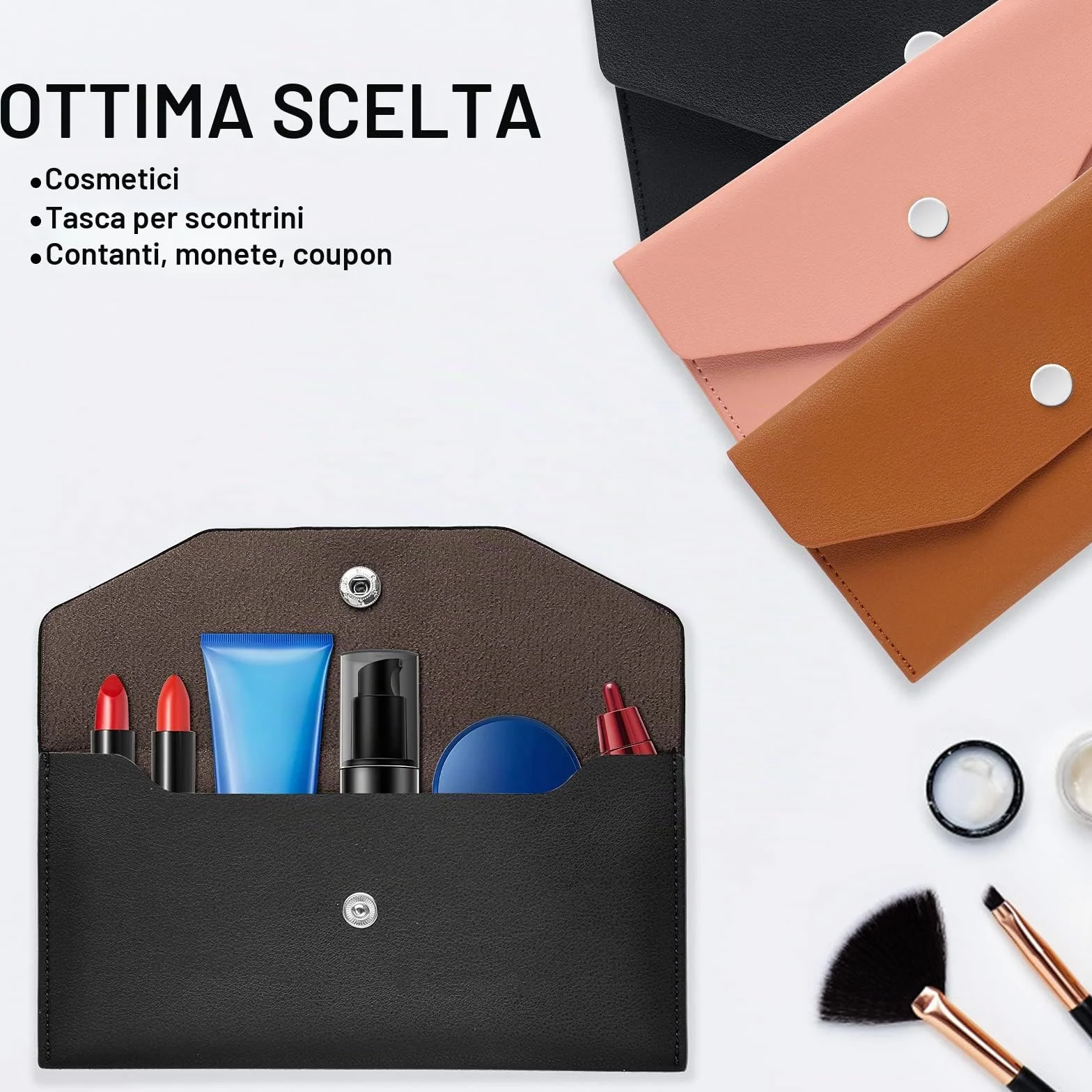 Molain Portafoglio in pelle PU con busta per contanti 7,2 x 3,6 pollici Nero
