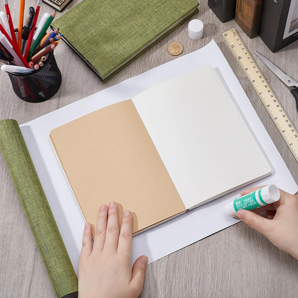 CRASPIRE Panno per Libri Verde Oliva 130 x 30 cm Lino Copertina per Libri con Supporto in Carta Scrapbooking
