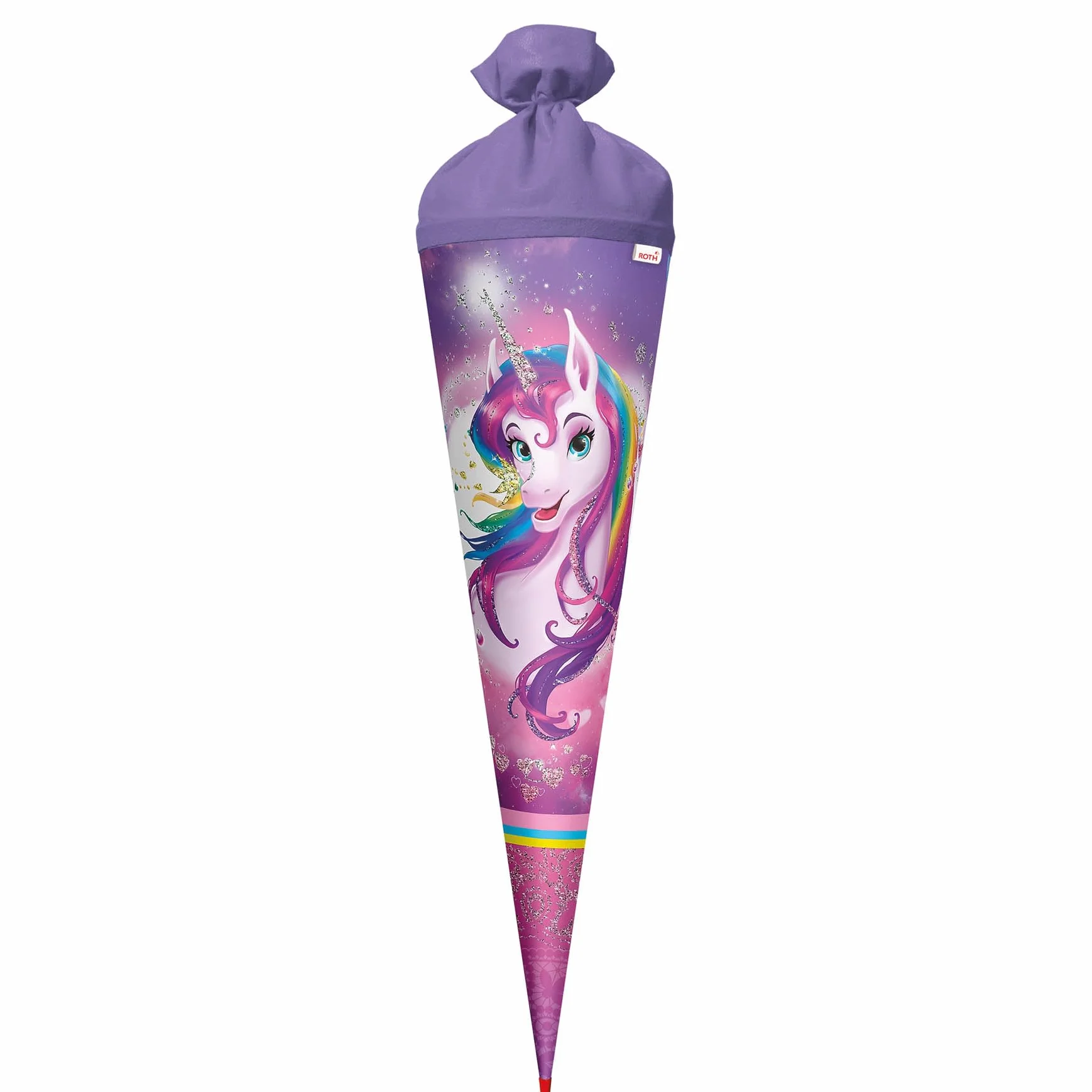 ROTH Sacchetto per la scuola, motivo unicorno, 70 cm, con effetto glitter, rotondo in pizzo rosso (h), chiusura in feltro, con unicorno, glitter