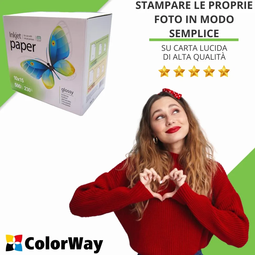 Colorway PrintPro - Carta fotografica lucida, 230g, 500 fogli, 10x15 cm, asciugatura immediata, impermeabile per tutte le stampanti a getto d'inchiostro