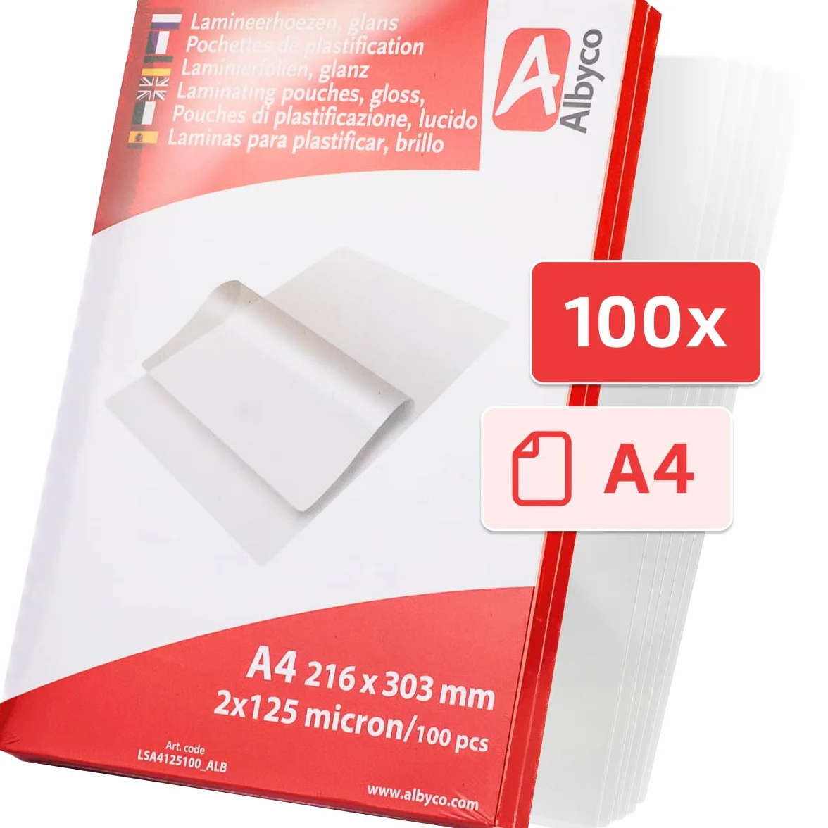 Albyco Foglio Plastificante A4 216x303 mm Lucido 250 Micron 100 Pezzi