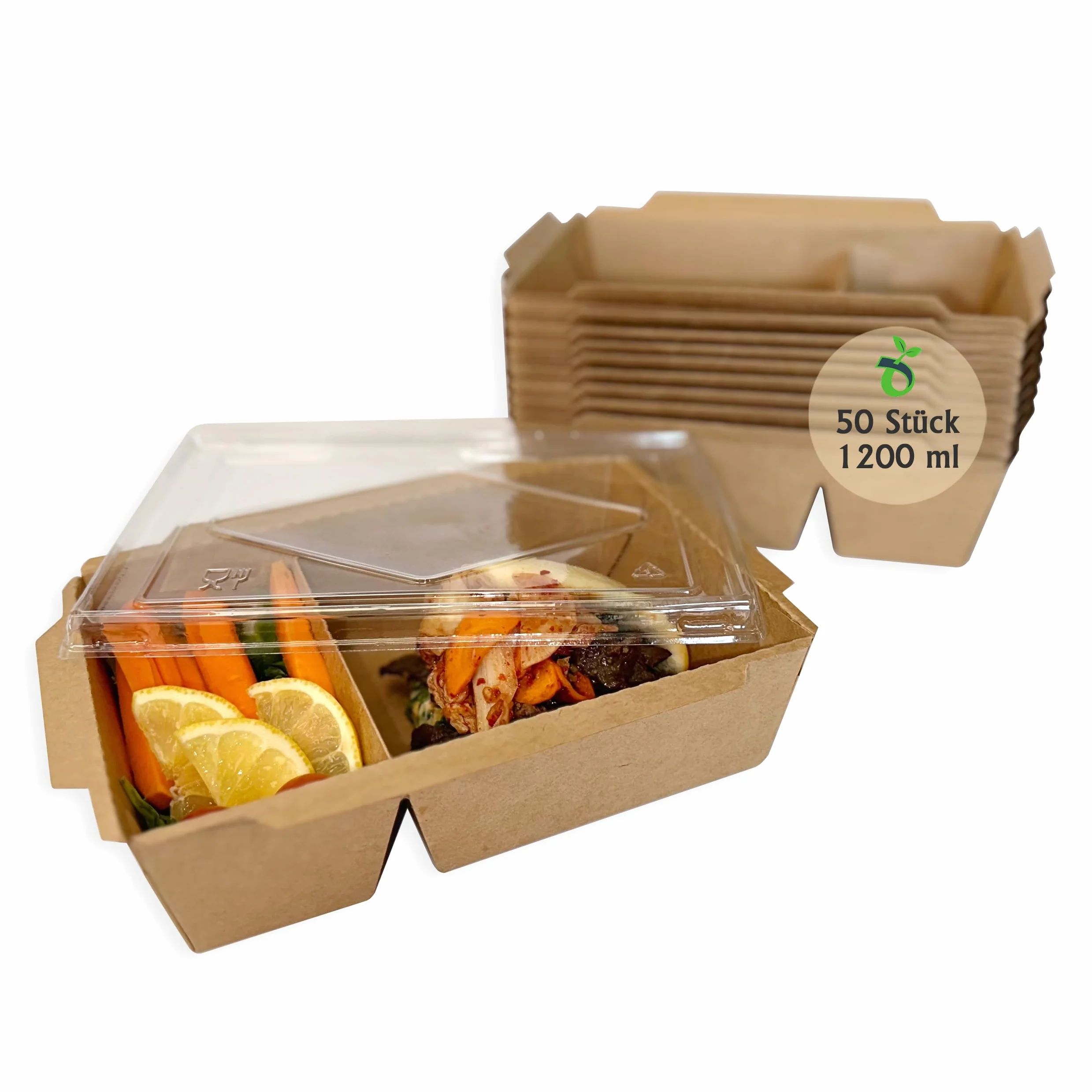 Lanchbox Carta Kraft Coperchio Trasparente 2 Scomparti 1200 ml - Confezione da 50 Pezzi per Alimenti da Asporto