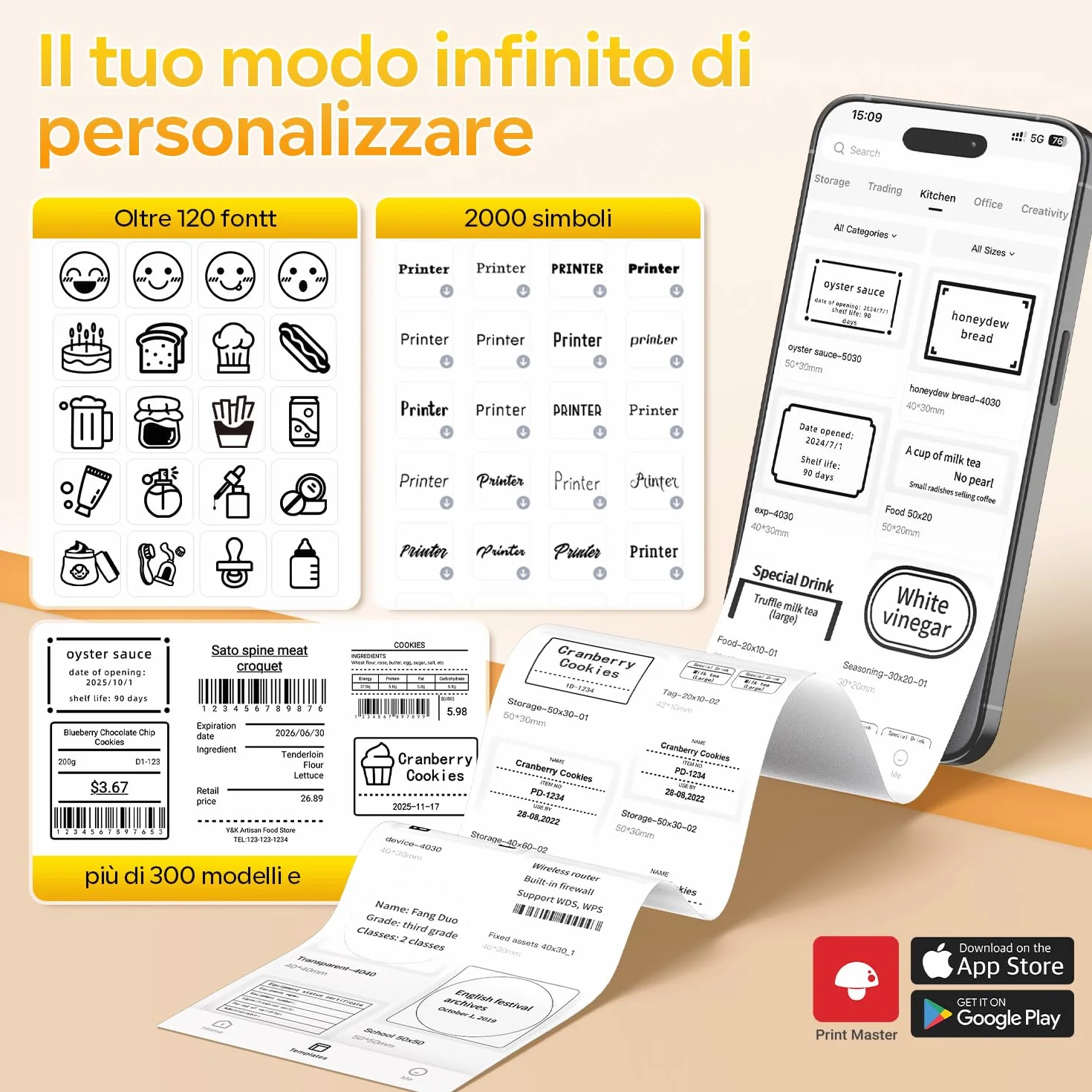 Memoking Etichettatrice Bluetooth con Etichette con 3 rotoli di etichette larghe,Stampante Etichette Adesive, Thermo Label Printer per codici a barre, logo, indirizzo, vendita al dettaglio, ufficio