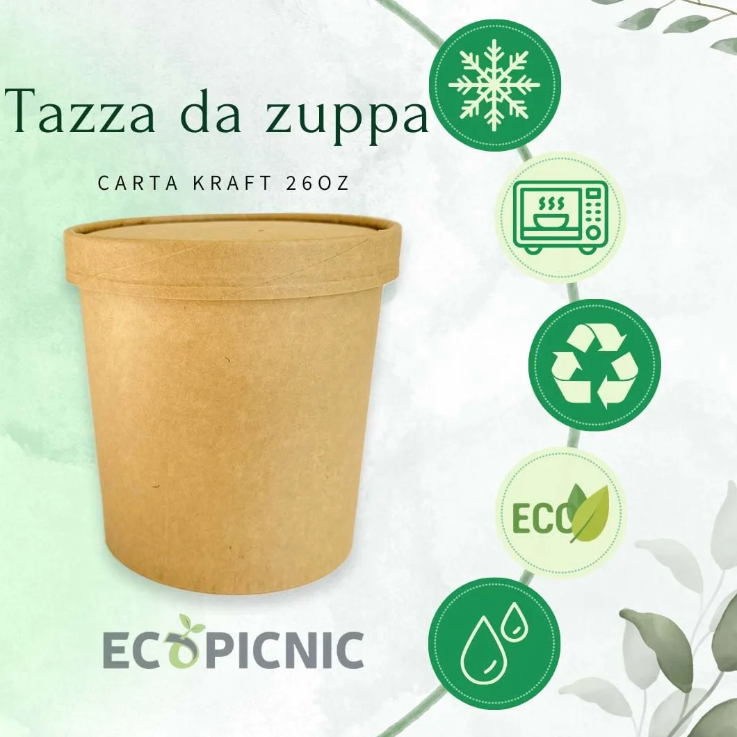 Ciotole in Carta Kraft 750 ml con Coperchio - Confezione da 50 Pezzi - Contenitori Monouso Biodegradabili per Zuppe e Alimenti da Asporto