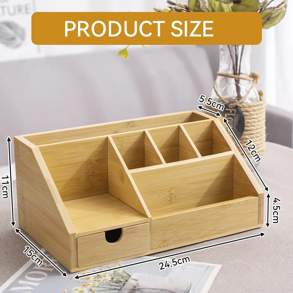 Organizer da scrivania in legno, 24,5 x 15 x 11 cm, con 7 scomparti e cassetto, con telecomando, portapenne, organizer da scrivania, per ufficio e casa