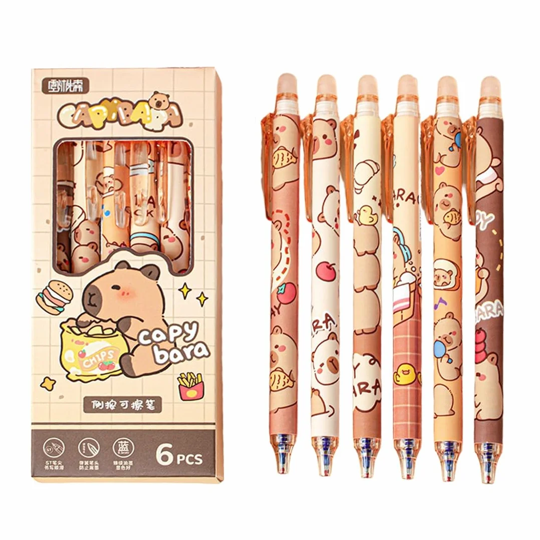 Penne Gel Cancellabili Capibara Set di 6, Inchiostro Termosensibile, Punta 0,5 mm, Design Animali