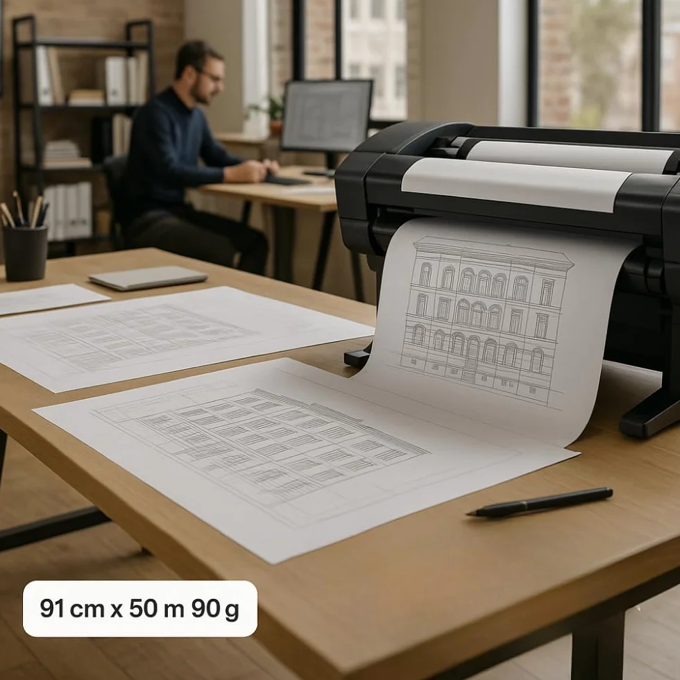 Rotolo Plotter 91cm x 50m 90g/m² Carta Bianca per Stampa Tecnica CAD GIS